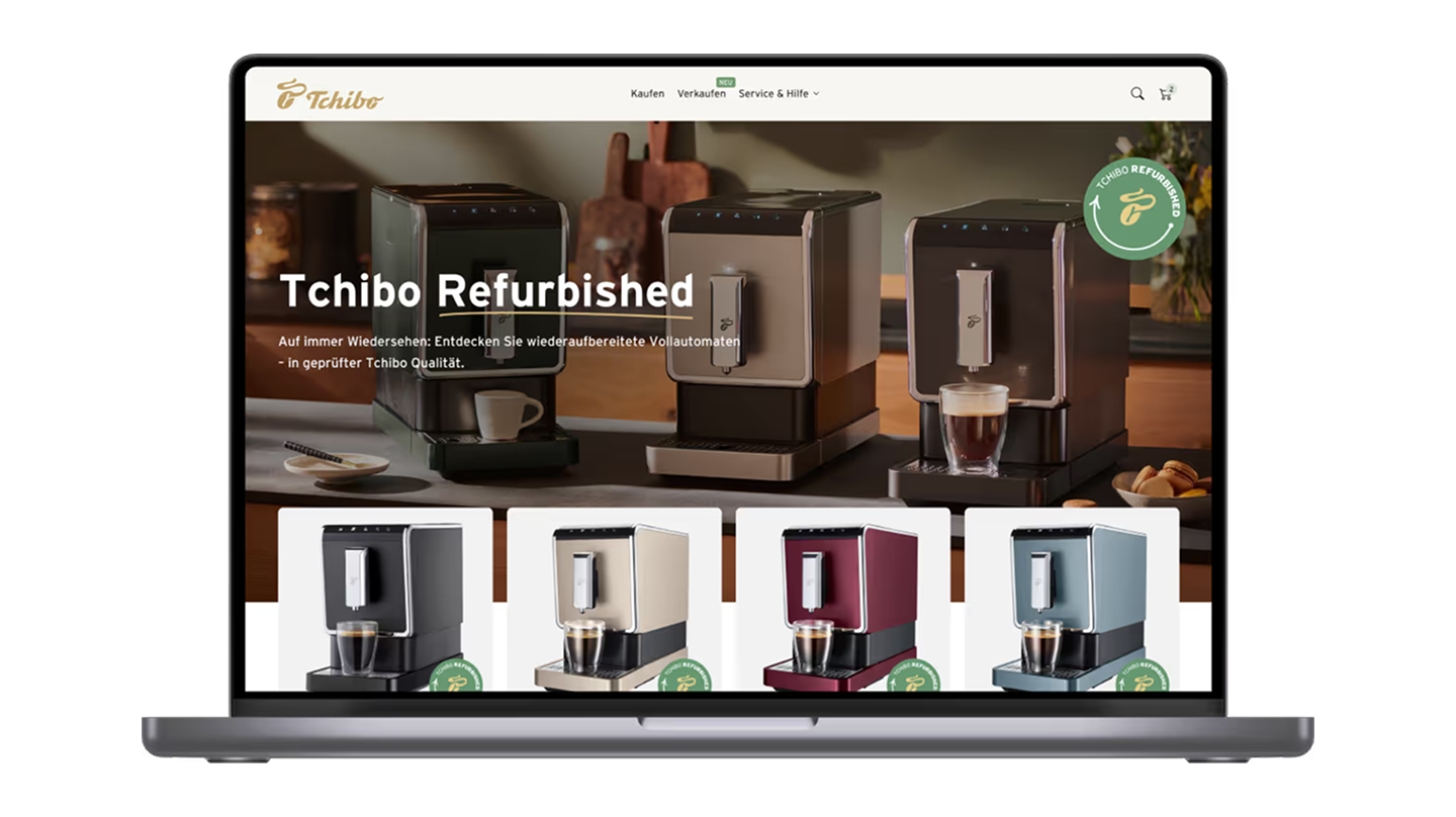 Screenshot des Tchibo-Webshops für wiederaufbereitete Kaffeevollautomaten mit verschiedenen Modellen in geprüfter Refurbished-Qualität.