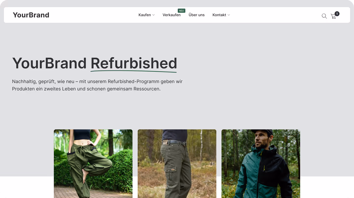 Mockup einer Markenwebseite mit dem Titel „YourBrand Refurbished“, die nachhaltige, neuwertige Produkte und Bilder von Outdoor-Bekleidung zeigt.
