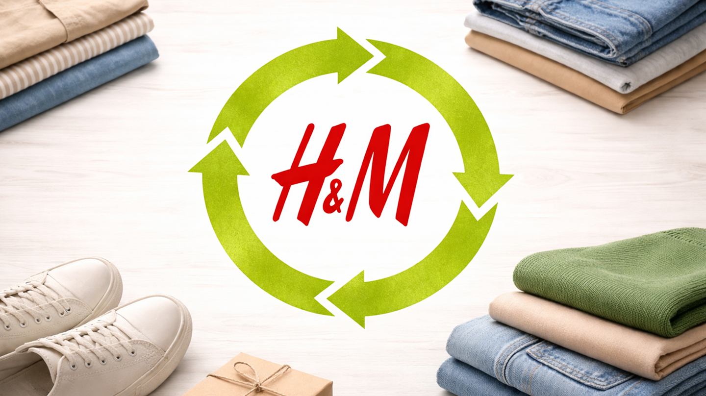 Gefaltete Kleidung um ein H&M Circular-Logo herum..