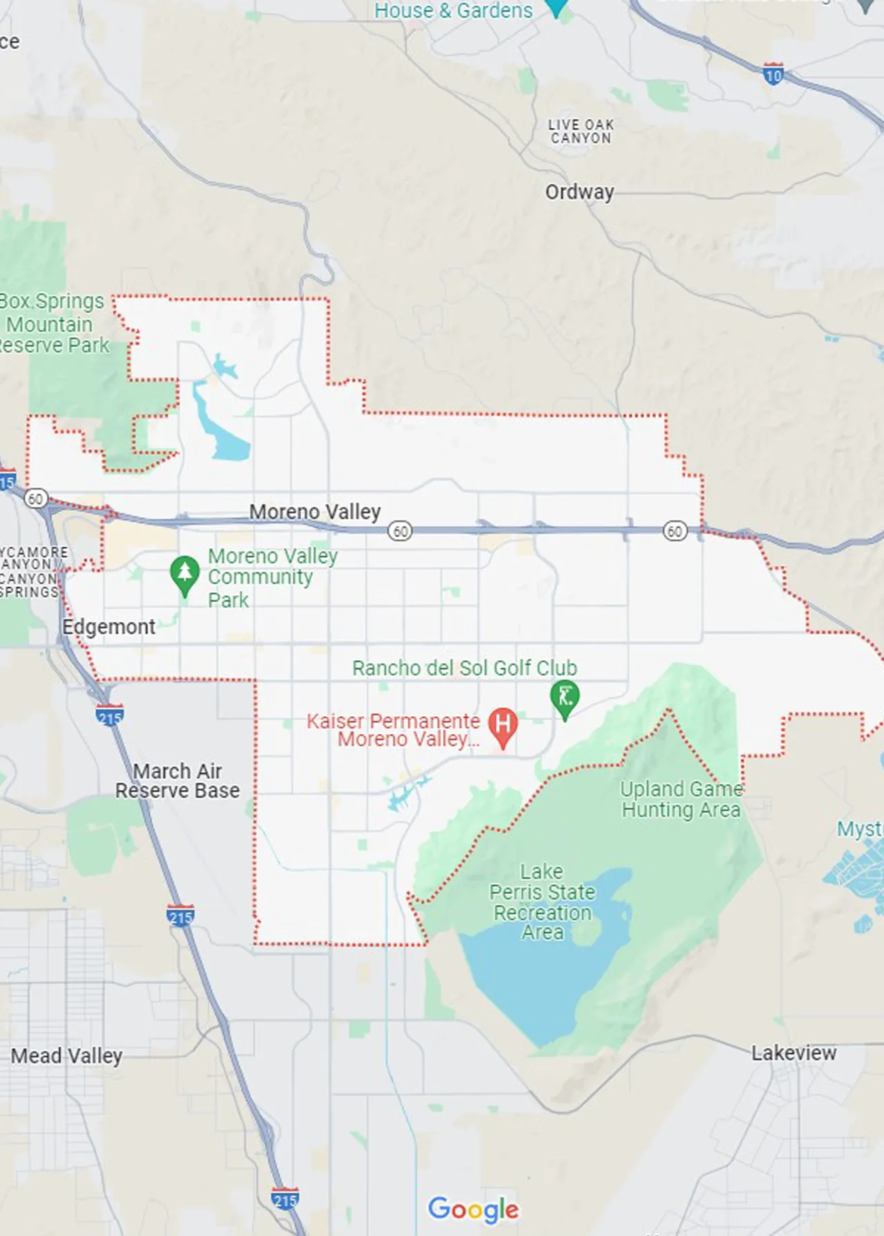 Map of Moreno Valley, California, showing parks, highways, and surrounding areas with boundaries marked.