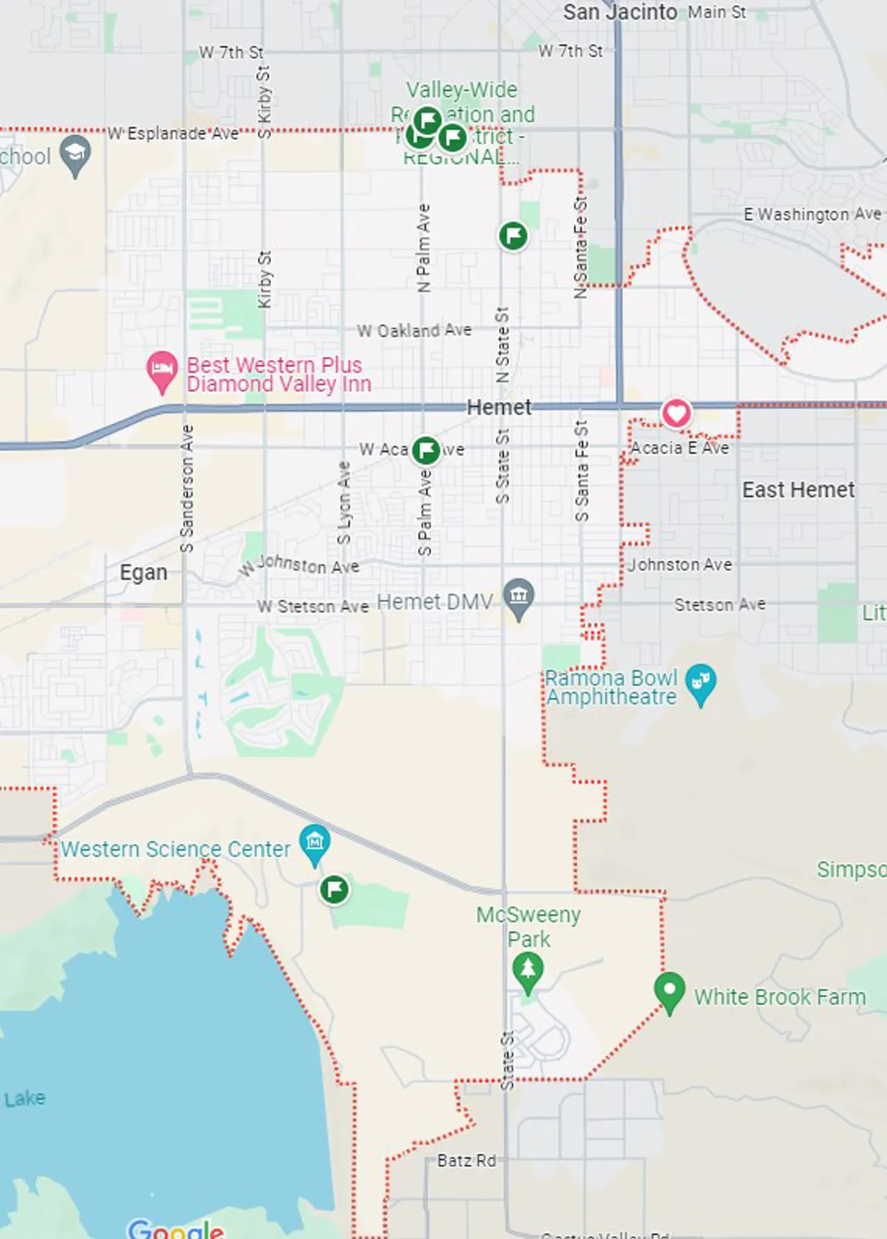 Map of Hemet, CA, showing streets, parks, and landmarks including Western Science Center and Ramona Bowl Amphitheatre.