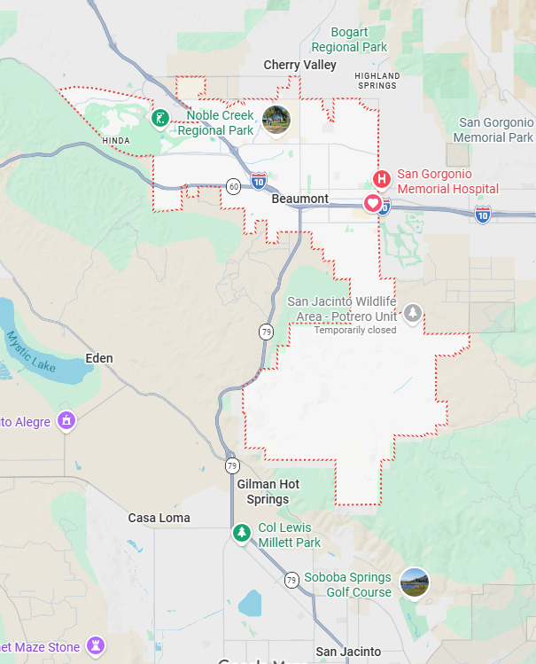 Map showing Beaumont and nearby parks, hospital, highways I-10 and 79, and surrounding areas in California.