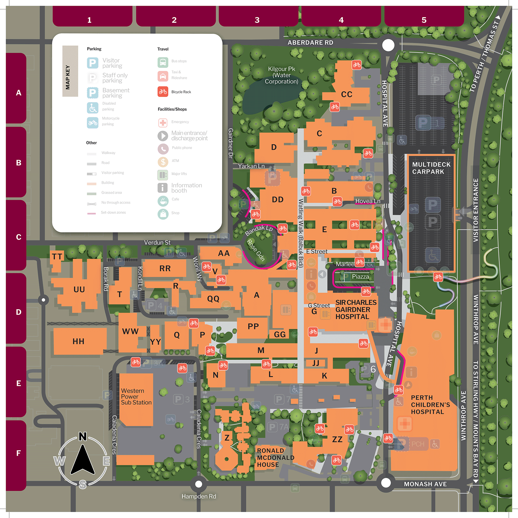 Map of QEIIMC showing bike rack locations