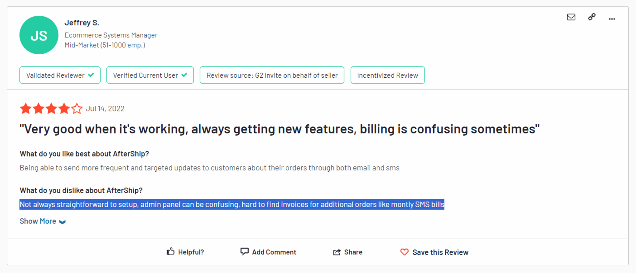 Aftership pricing customer complaint 1 - hard to find invoices