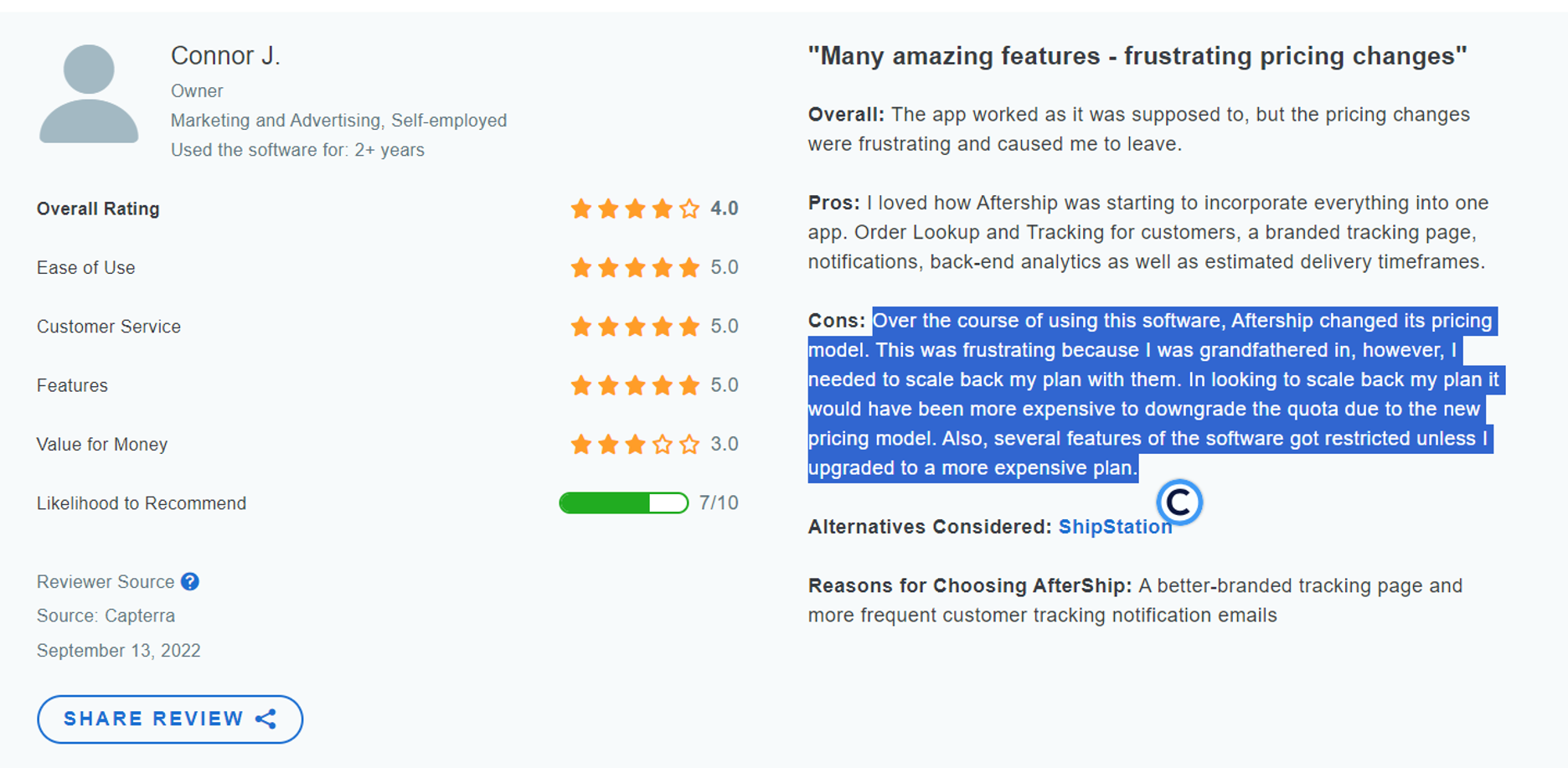 Aftership customer pricing complaint: Pricing models always changing