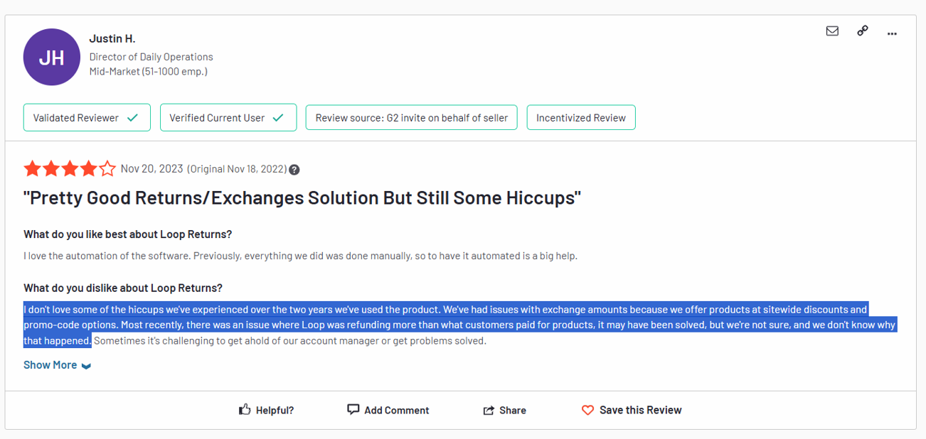 Loop returns poor customer review