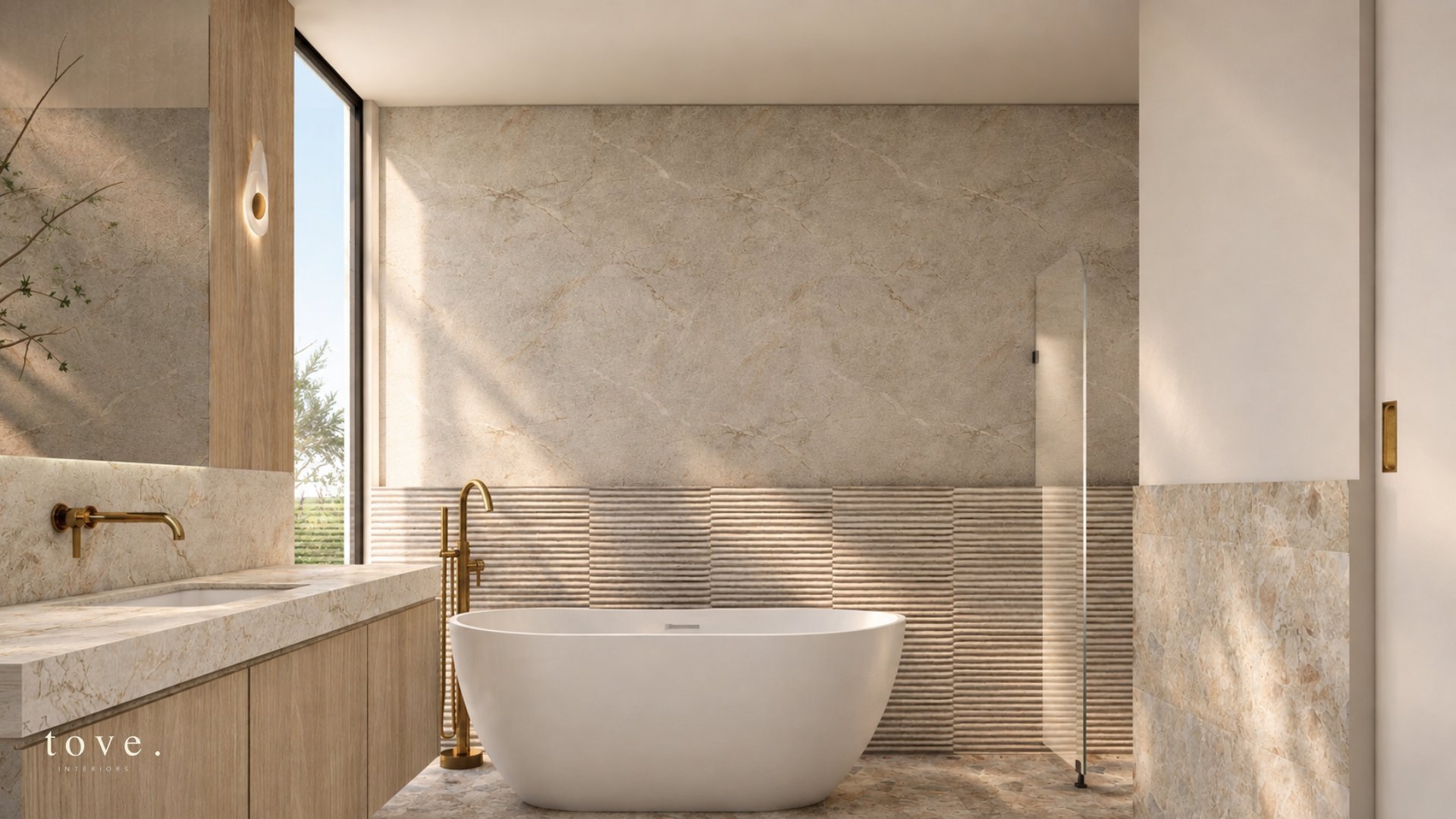 Fremantle bathroom with freestanding bath and fluted stone walls