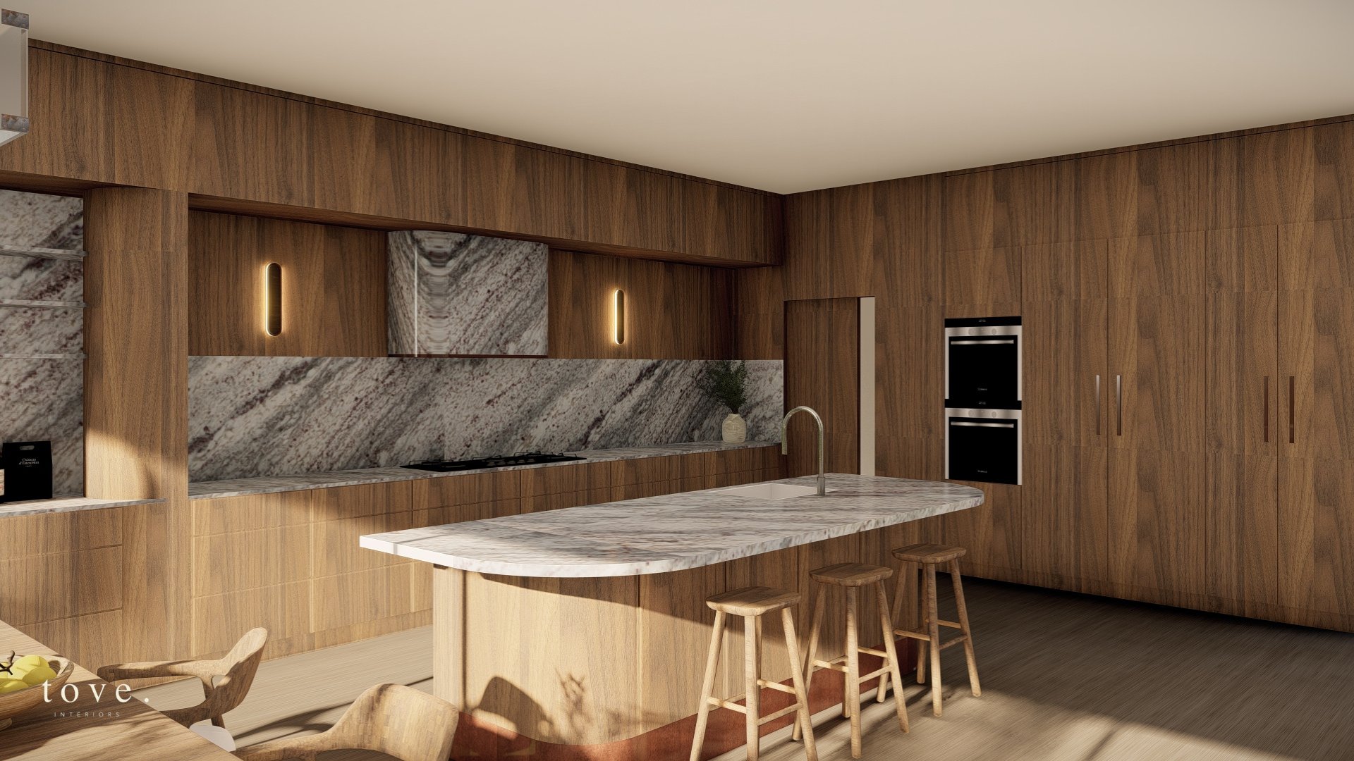 Fremantle kitchen with timber joinery and curved stone island