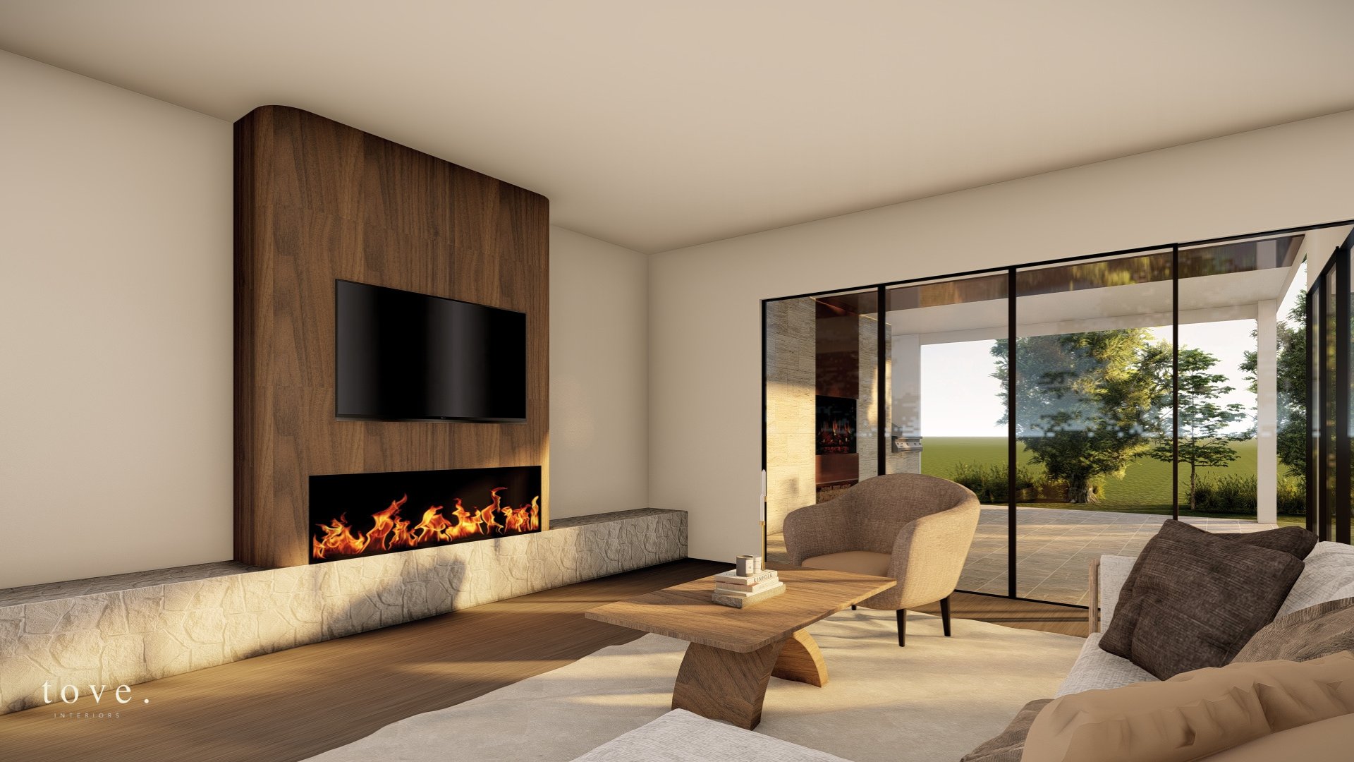 Fremantle living room with timber fireplace wall opening to the outdoors