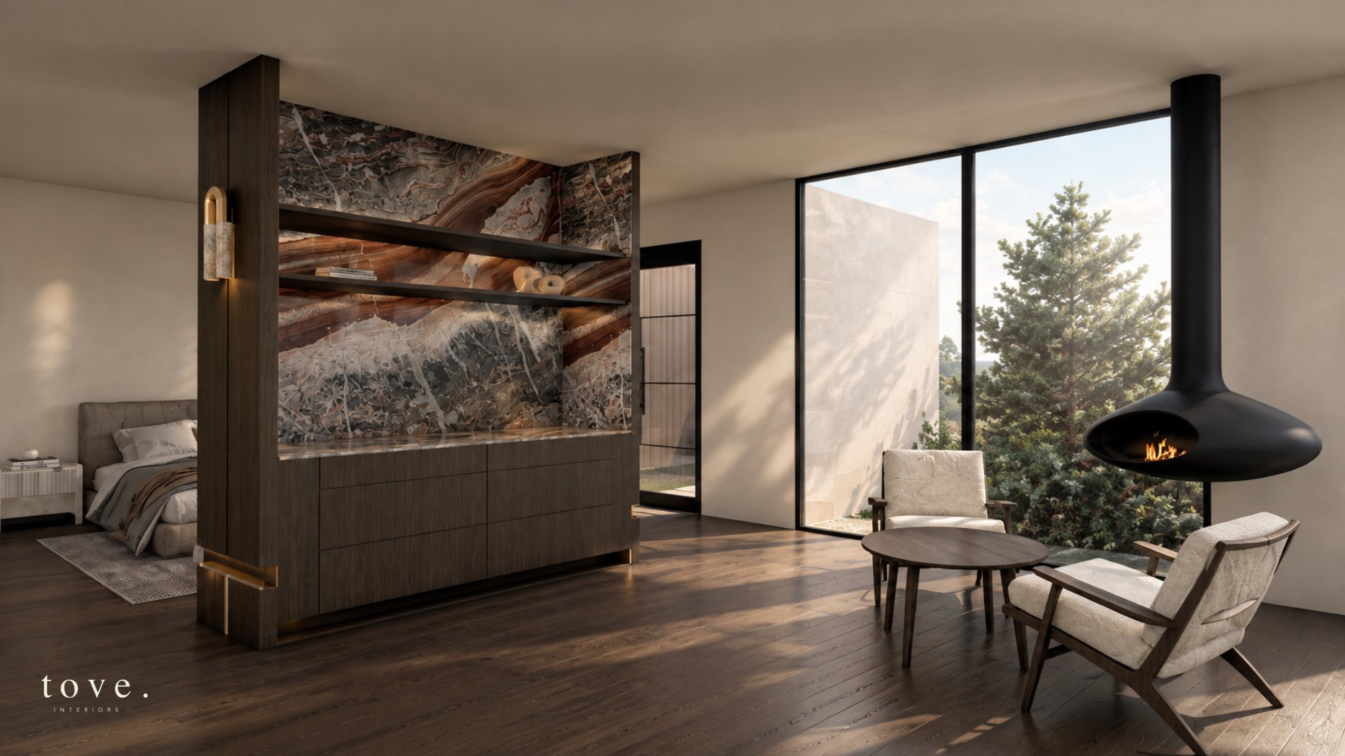 Fremantle master retreat with stone feature wall and suspended fireplace