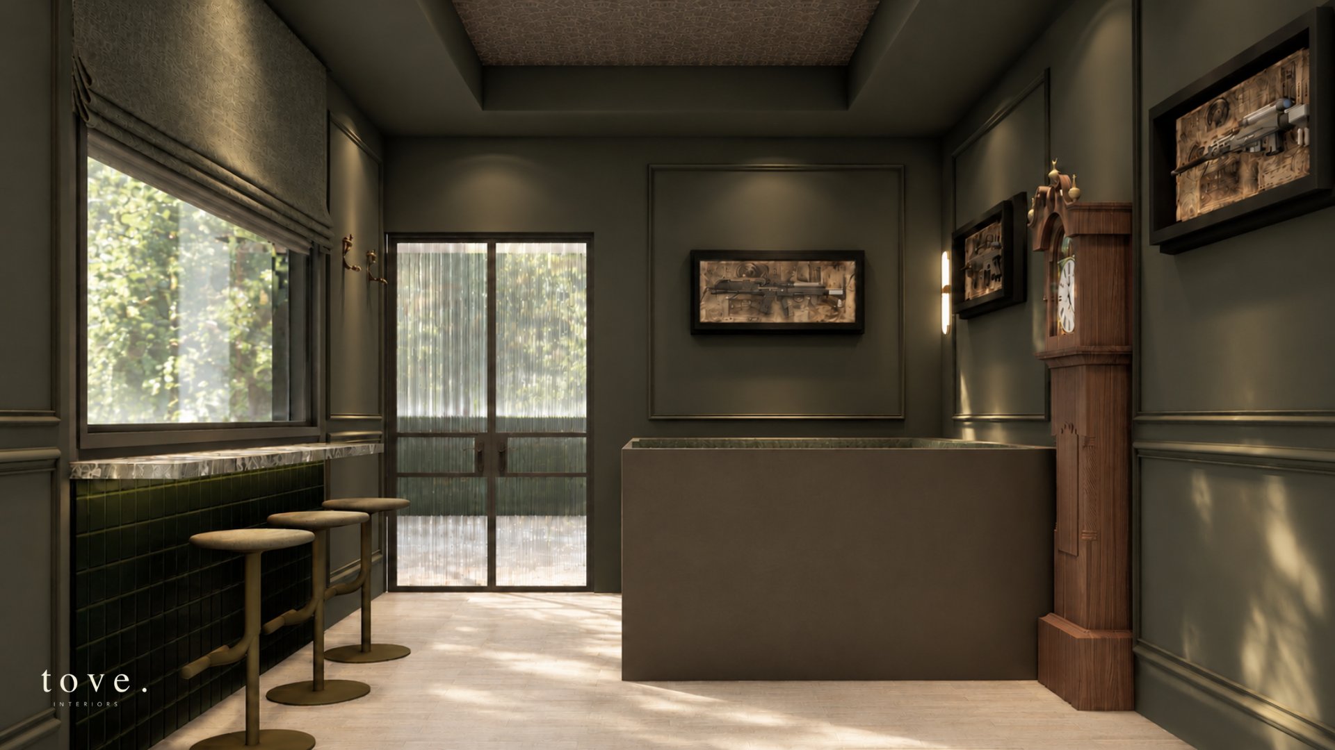 Dayton hidden bar with stone window ledge and brass stools