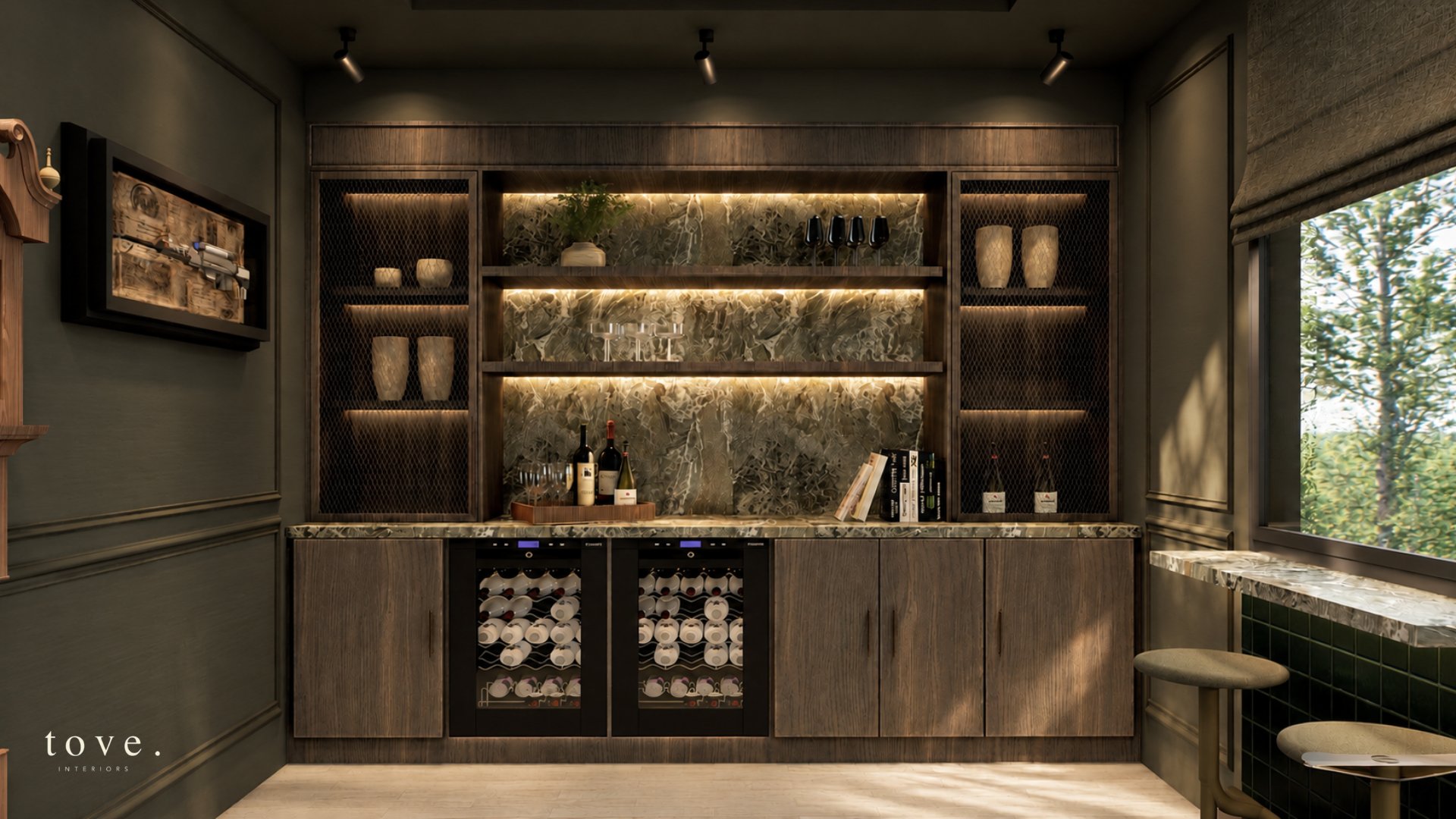 Dayton bar joinery with backlit stone splashback and twin wine fridges