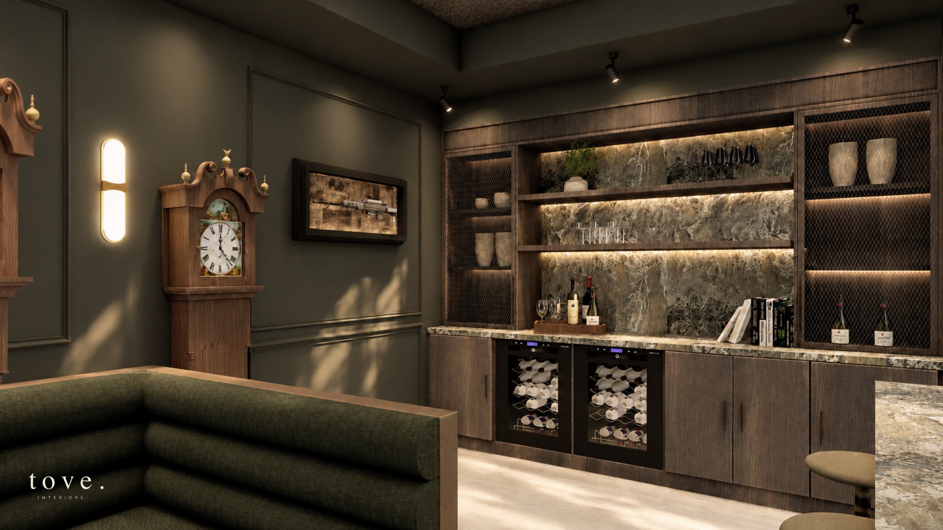 Dayton bar with dark timber shelving, olive panelled walls and brass sconce