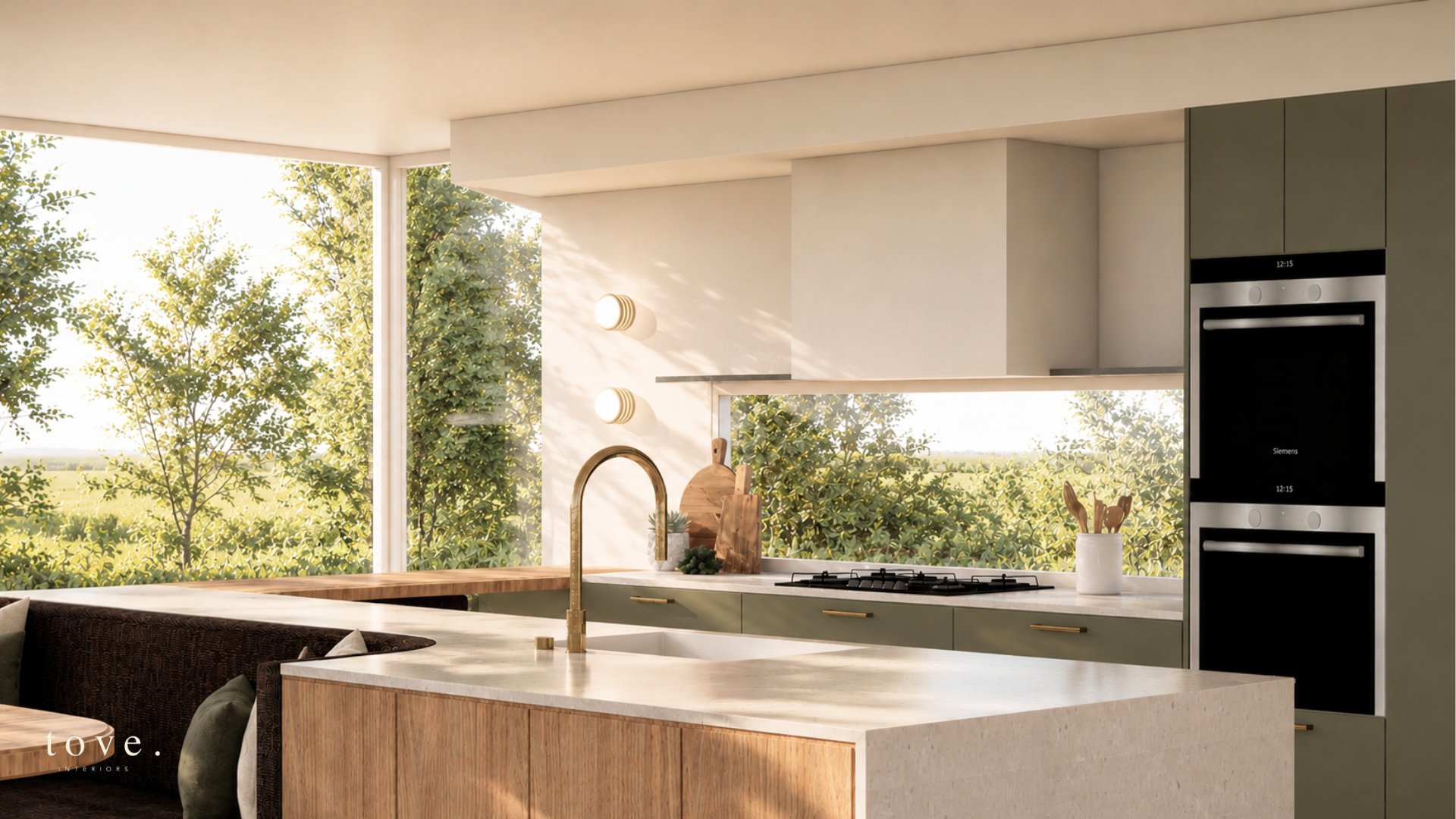 Keilor East kitchen with sage joinery, stone island and brass tapware