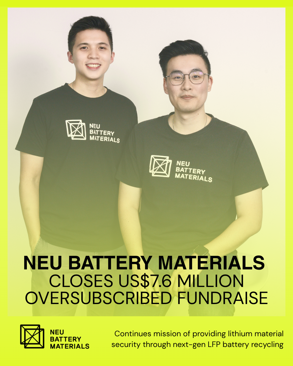 Bryan Oh (CEO) and Kenneth Palmer (CTO), co-founders of NEU Battery Materials, a Singapore company recycling LFP batteries into battery-grade lithium