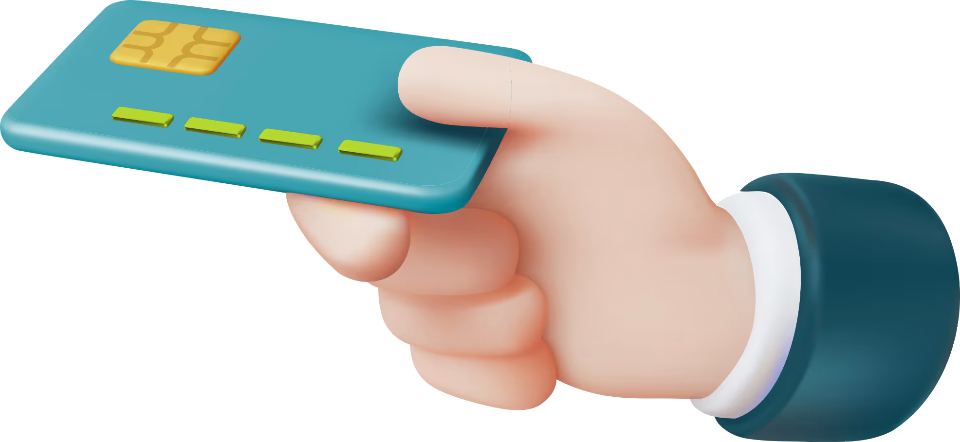 3D hand holding a teal credit card with a gold chip and green details.