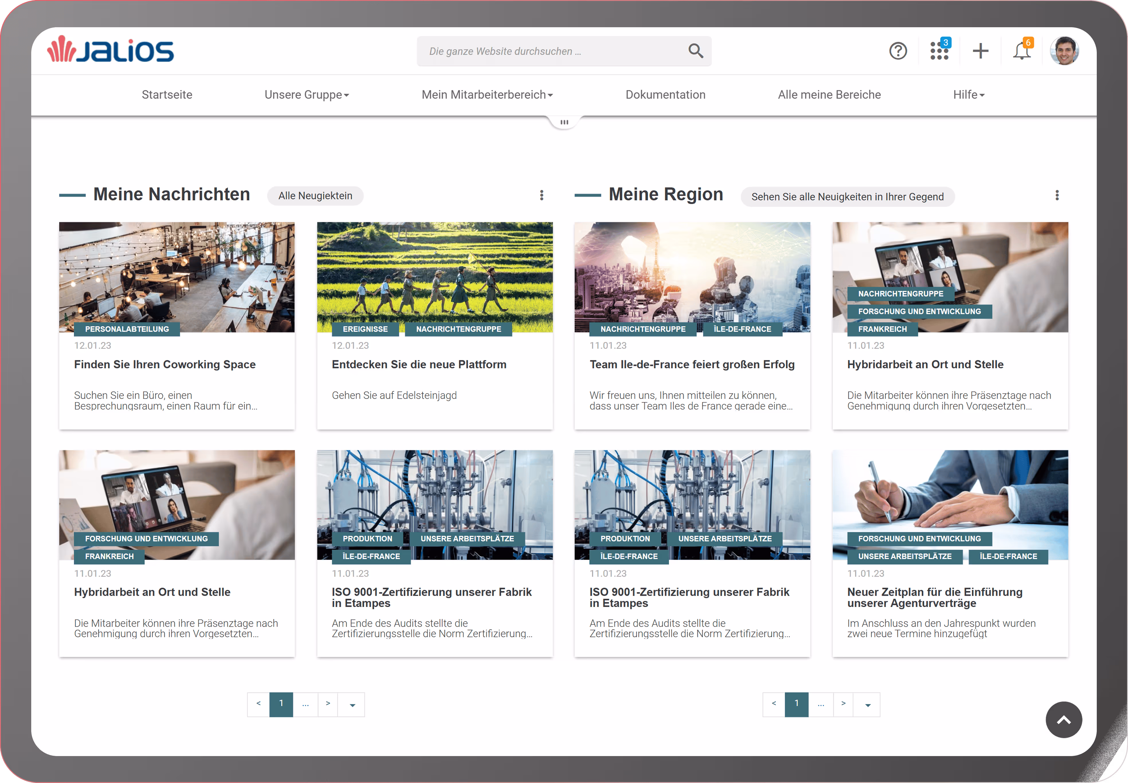 JNet-Startseite: Dashboard mit Bereichen "Meine Nachrichten" und "Meine Region"