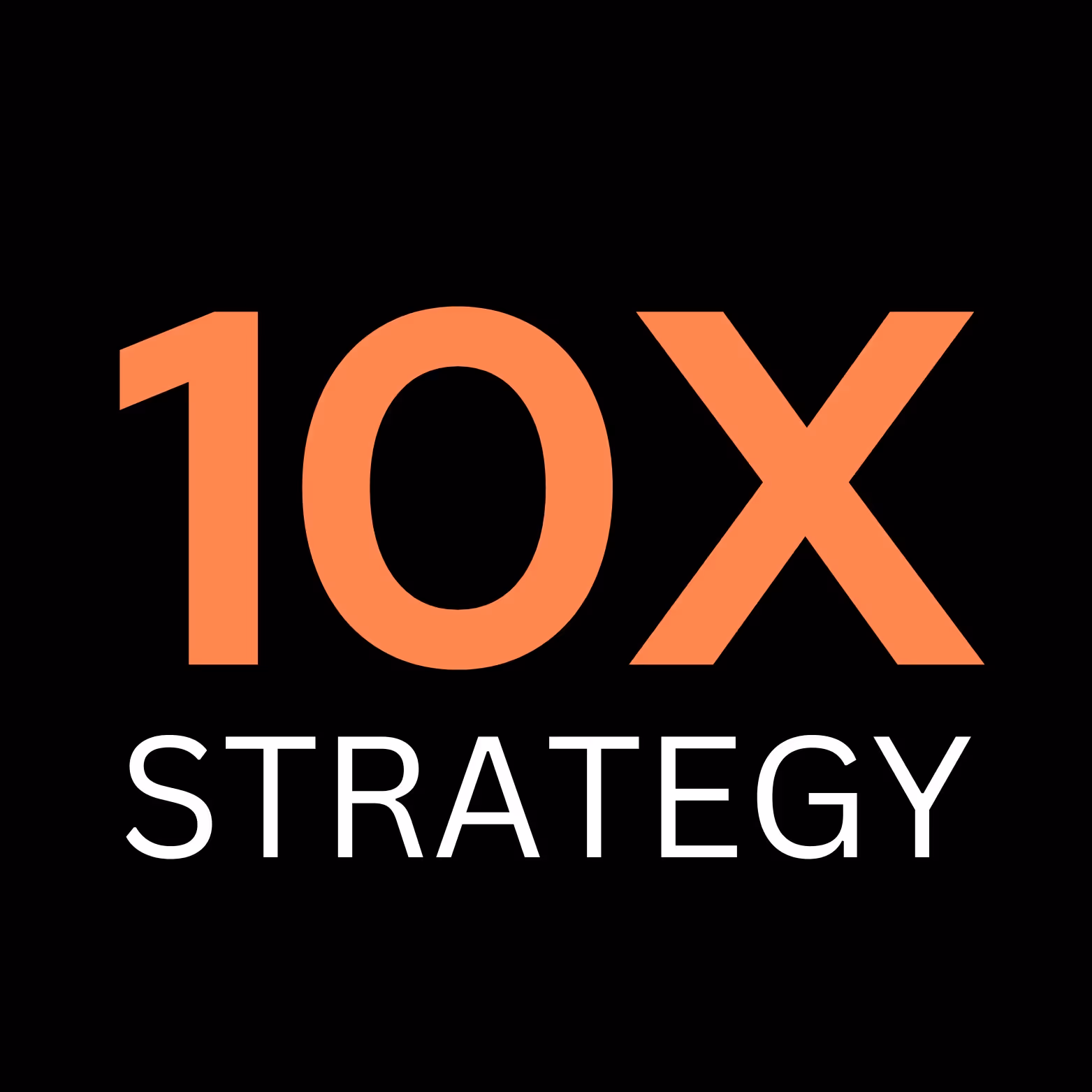Die Abbildung eines Logos in Orange auf schwarzem Hintergrund ist zu sehen. Es handelt sich um die Zahl Zehn mit einem X dahinter und dem Schriftzug "Strategy".