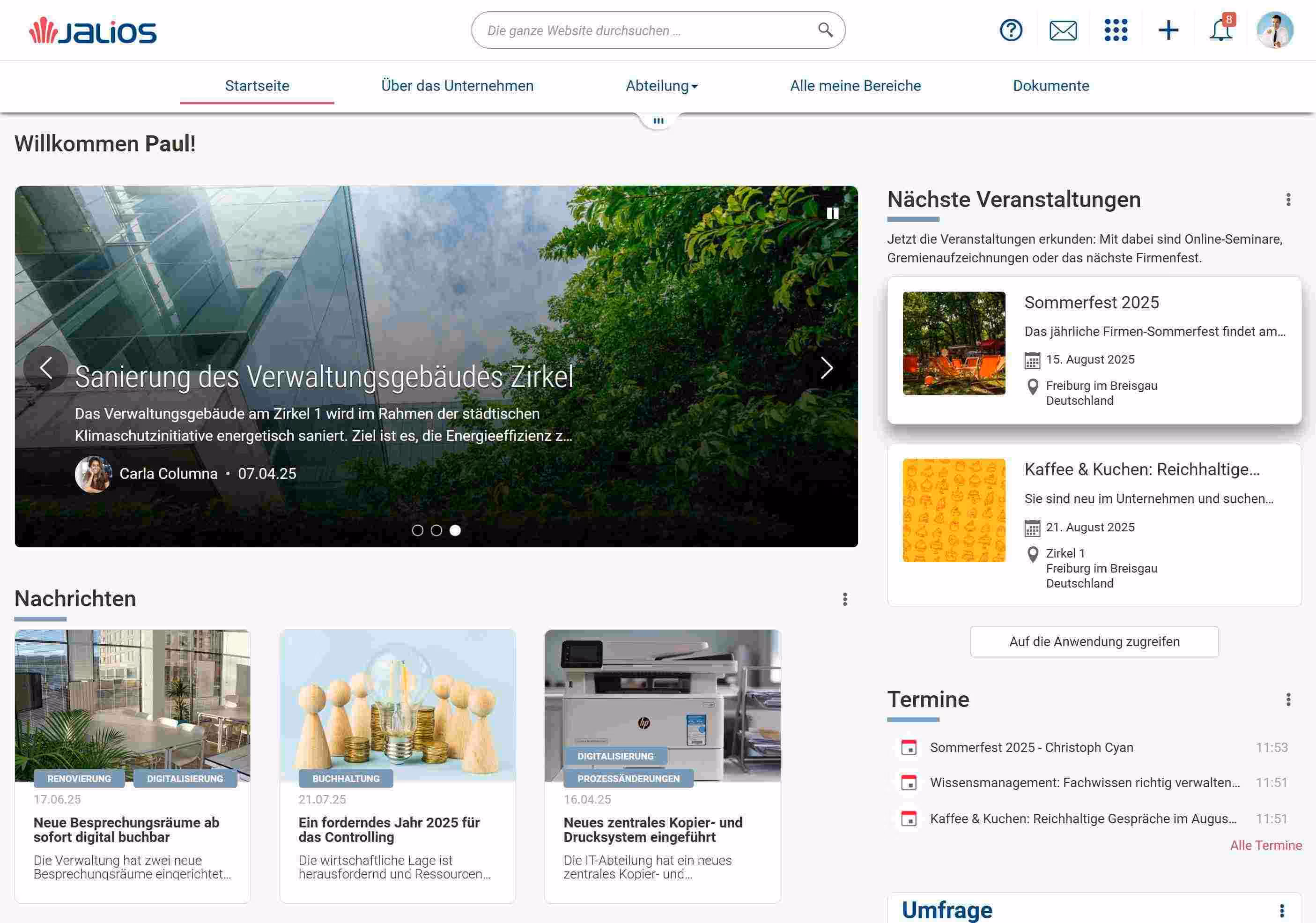 JNet Dashboard: Übersicht mit Schnellzugriffen, Benachrichtigungen und Hauptfunktionen