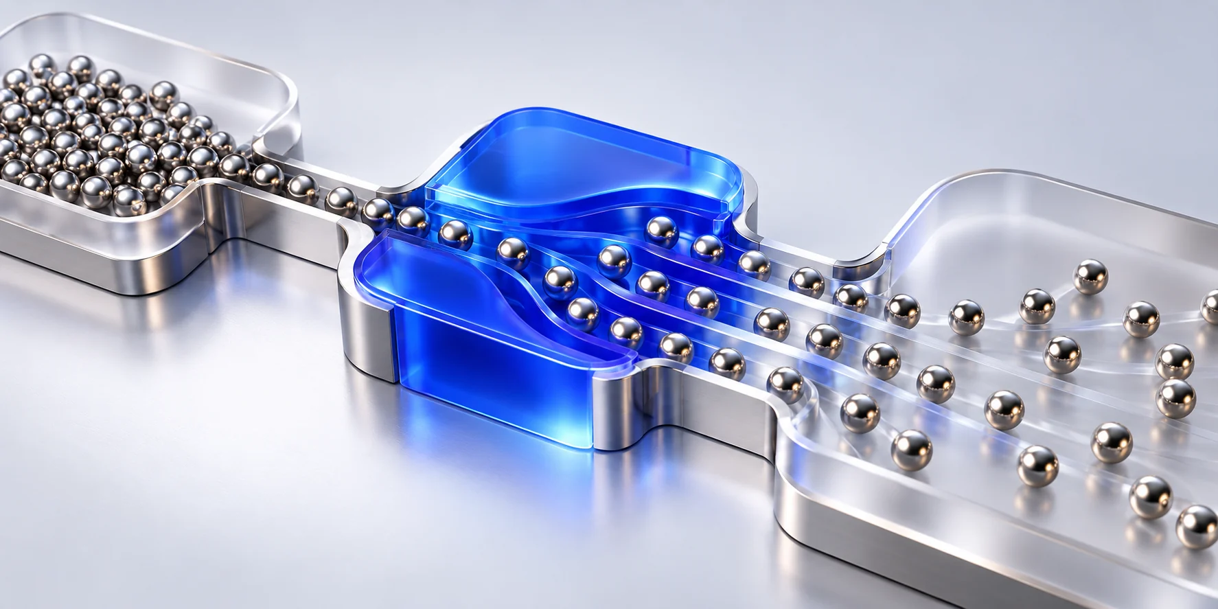 Steel balls flowing through a glowing blue channel, a metaphor for work moving smoothly through a business