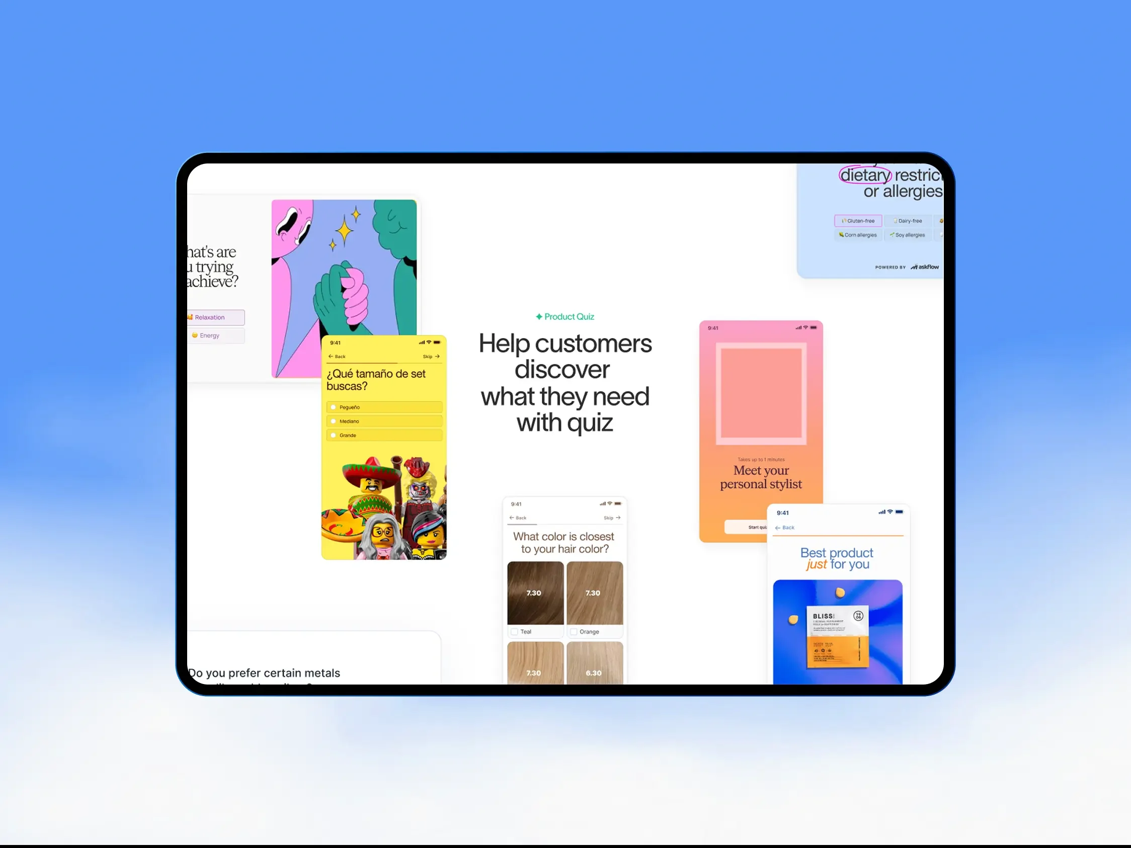 Askflow product quiz on a tablet helping shoppers find the right product