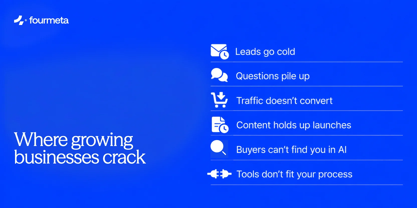 Six places growing businesses crack: leads go cold, questions pile up, traffic doesn’t convert, content holds up launches, buyers can’t find you in AI, tools don’t fit your process