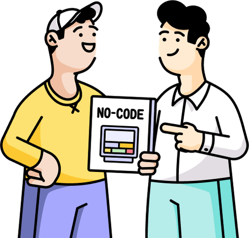 Deux hommes discutant, un tenant un livre intitulé «No-Code» avec une illustration colorée sur la couverture.