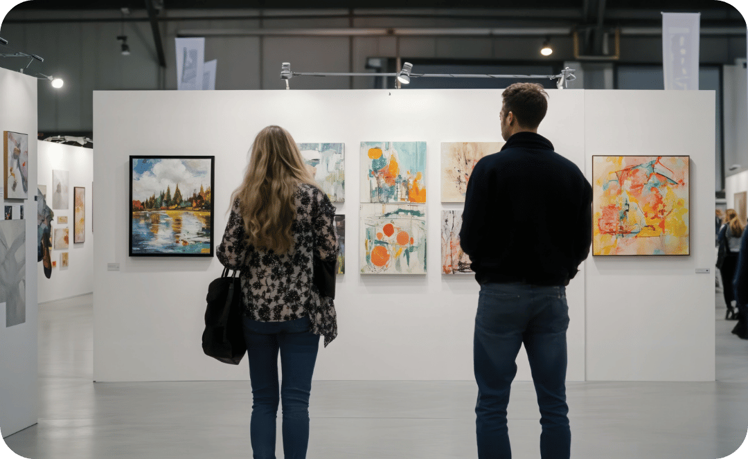 two people looking at art