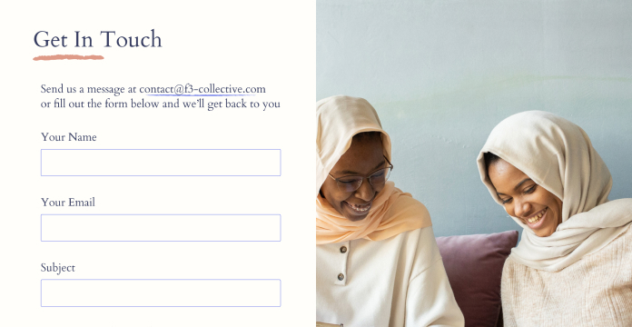 Get in touch section of the F3 website showing a form on the left and an image of two women laughing on the right