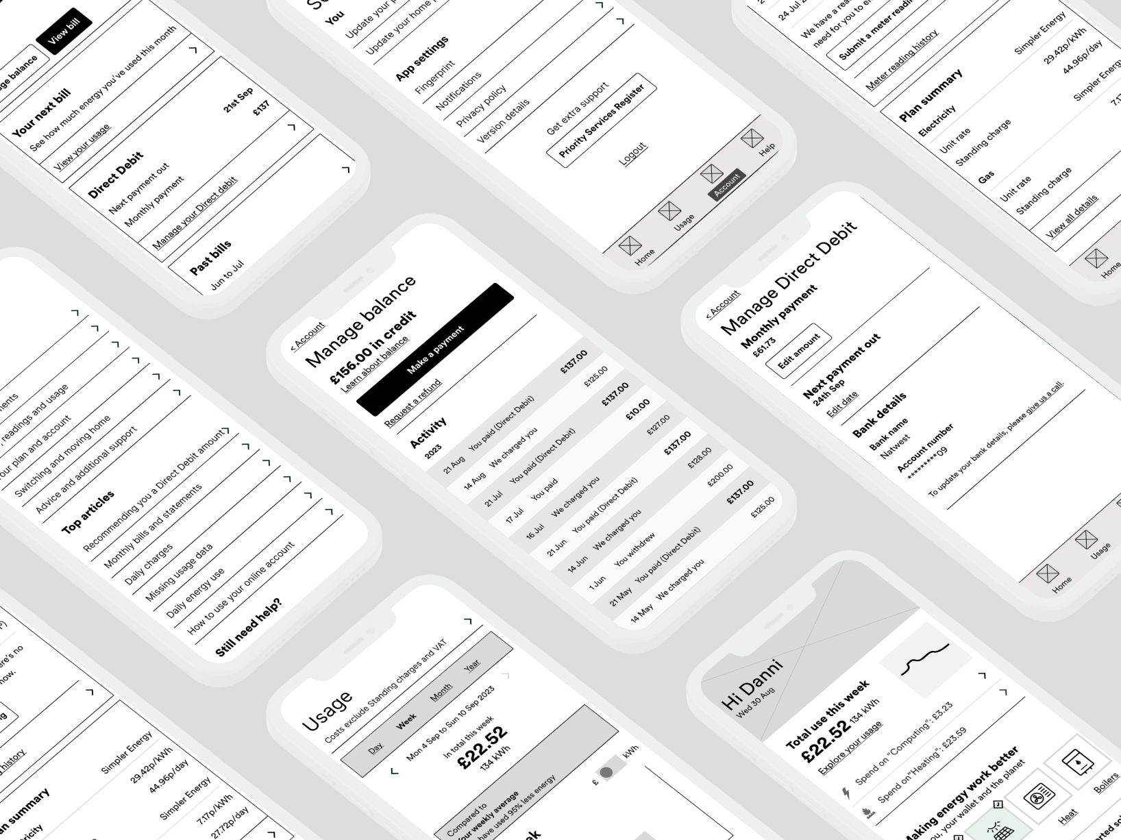 a set of wireframes of the OVO app