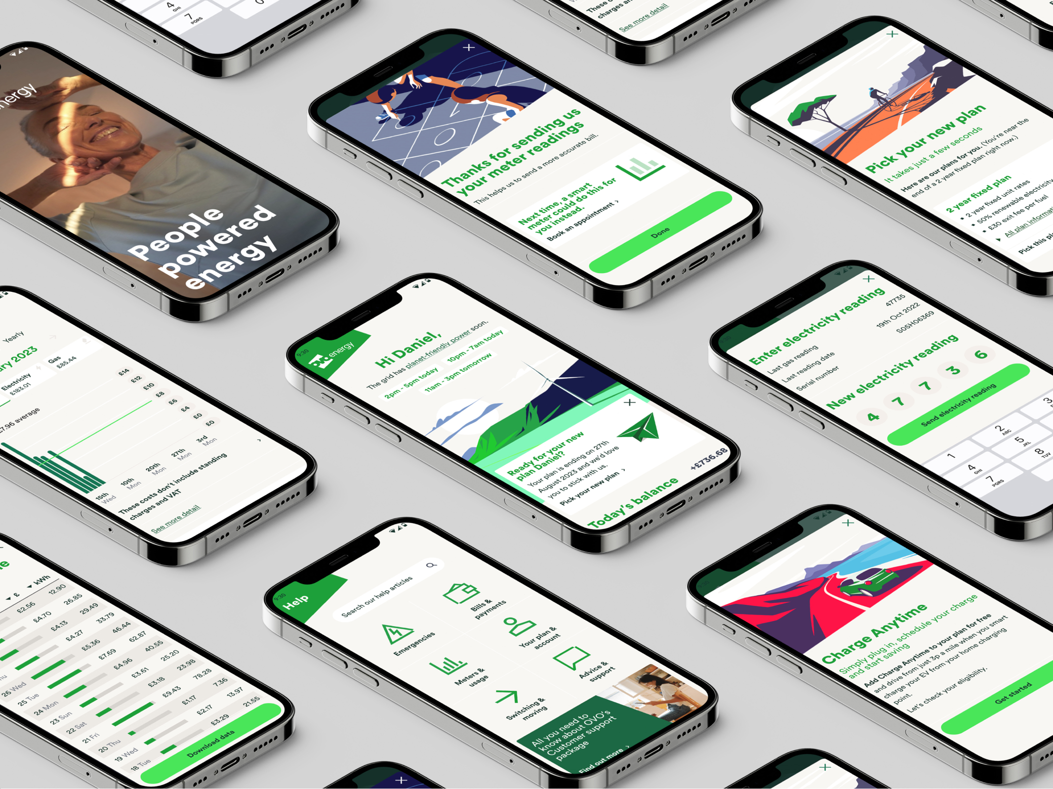 Isometric view of multiple phones, each showing a different part of the OVO app
