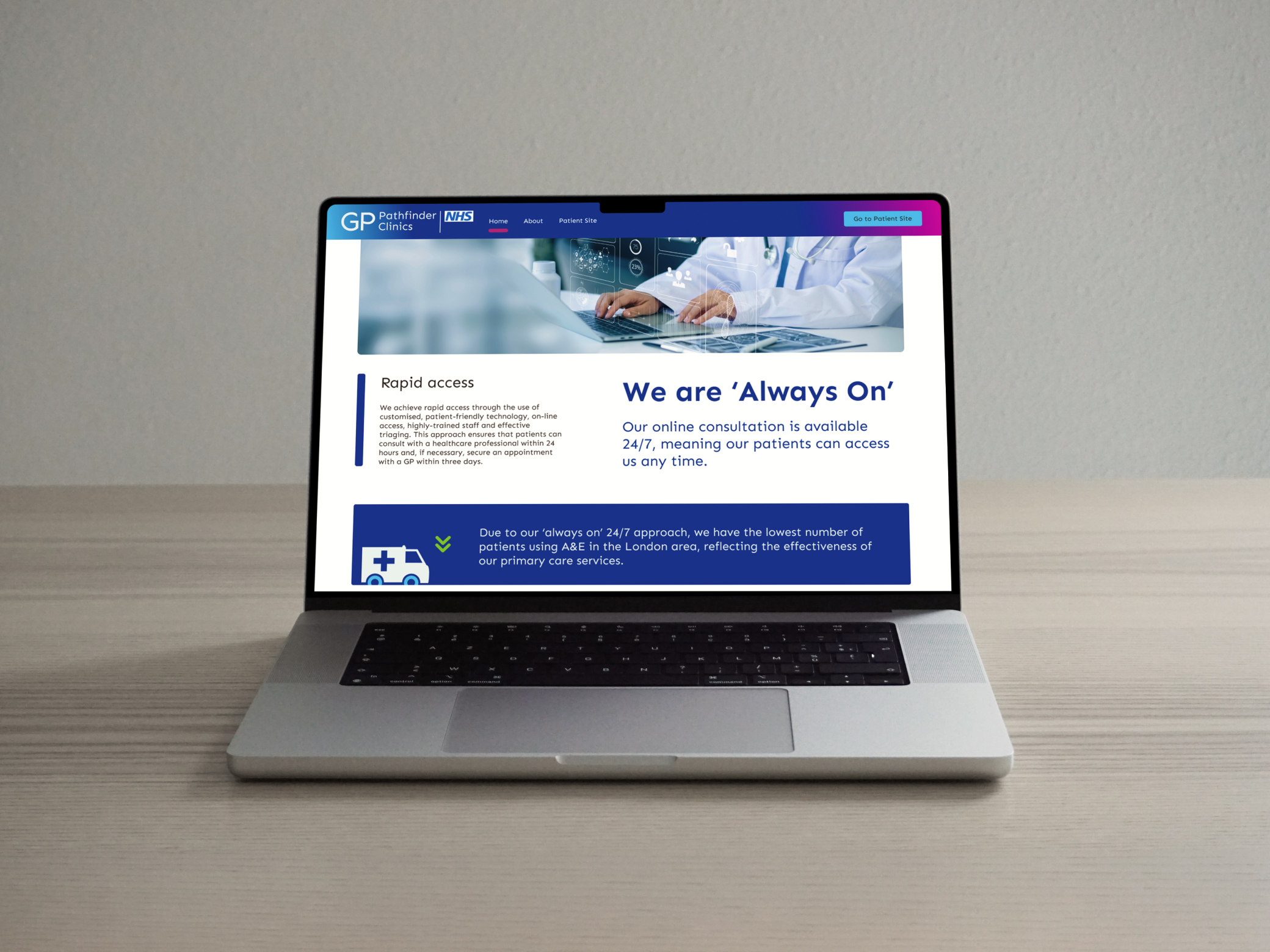 GP Pathfinder Clinics website on a laptop