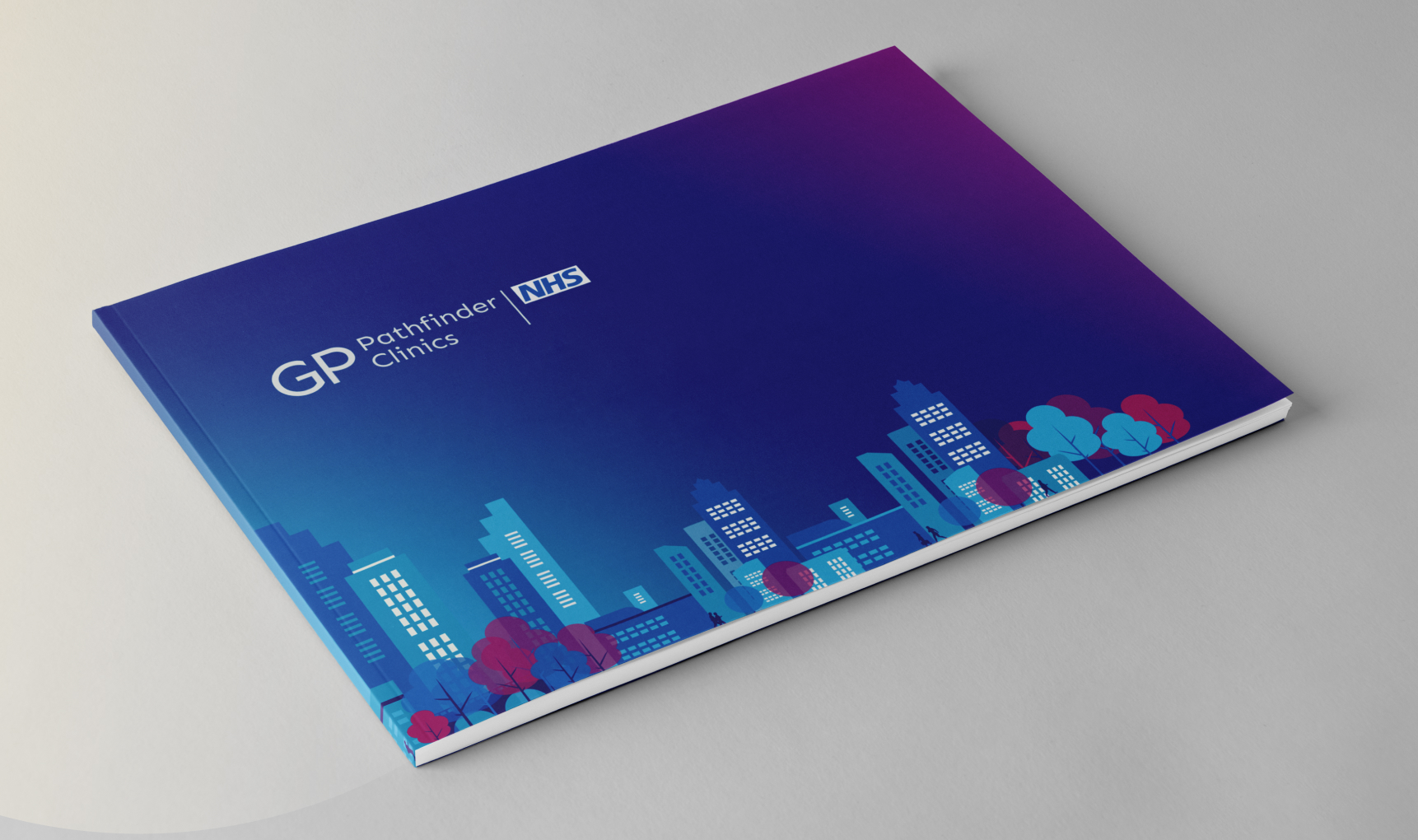 Front cover of branded brochure featuring signature gradient and an illustration of London