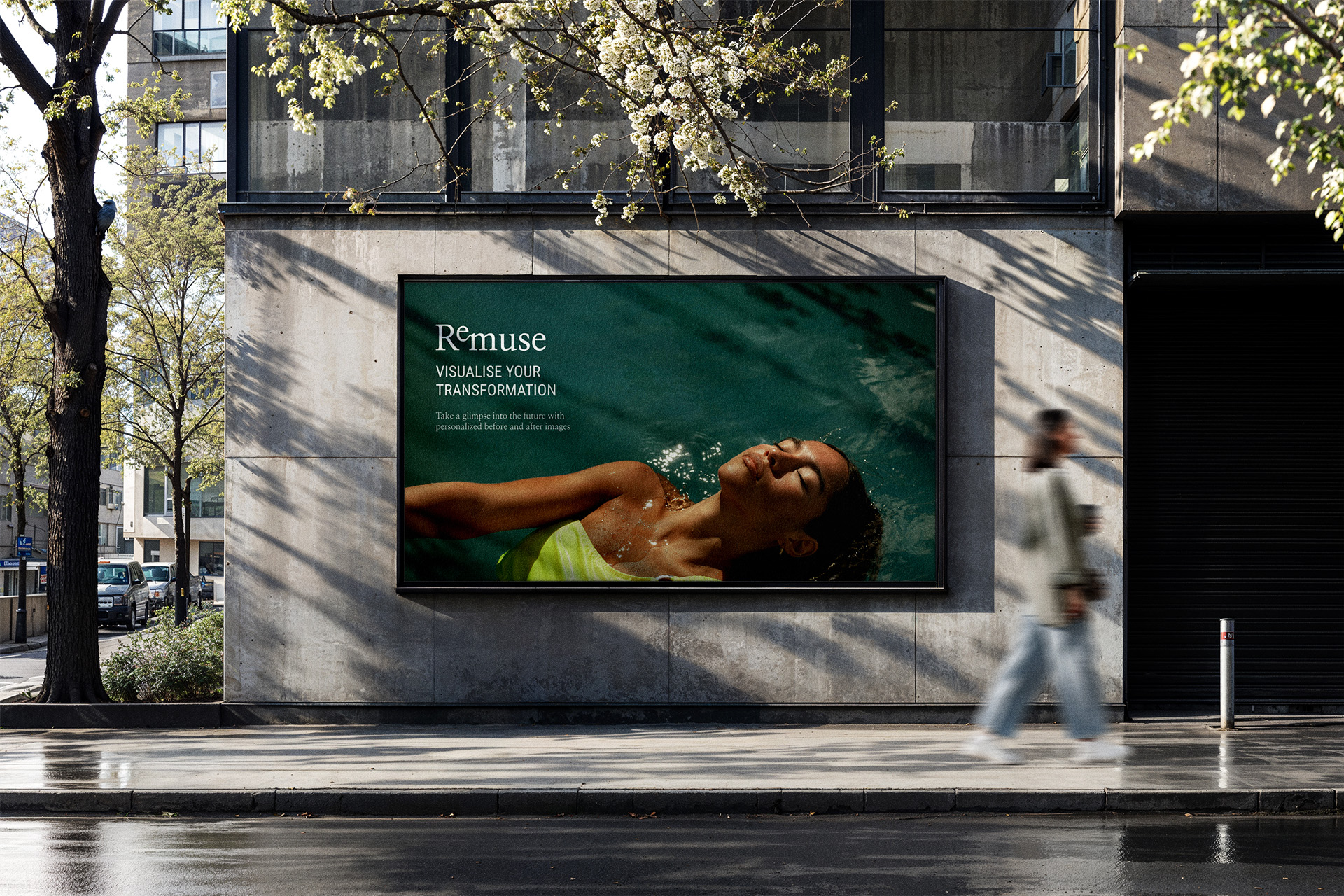 A ReMuse billboard set in a city with surrounding trees