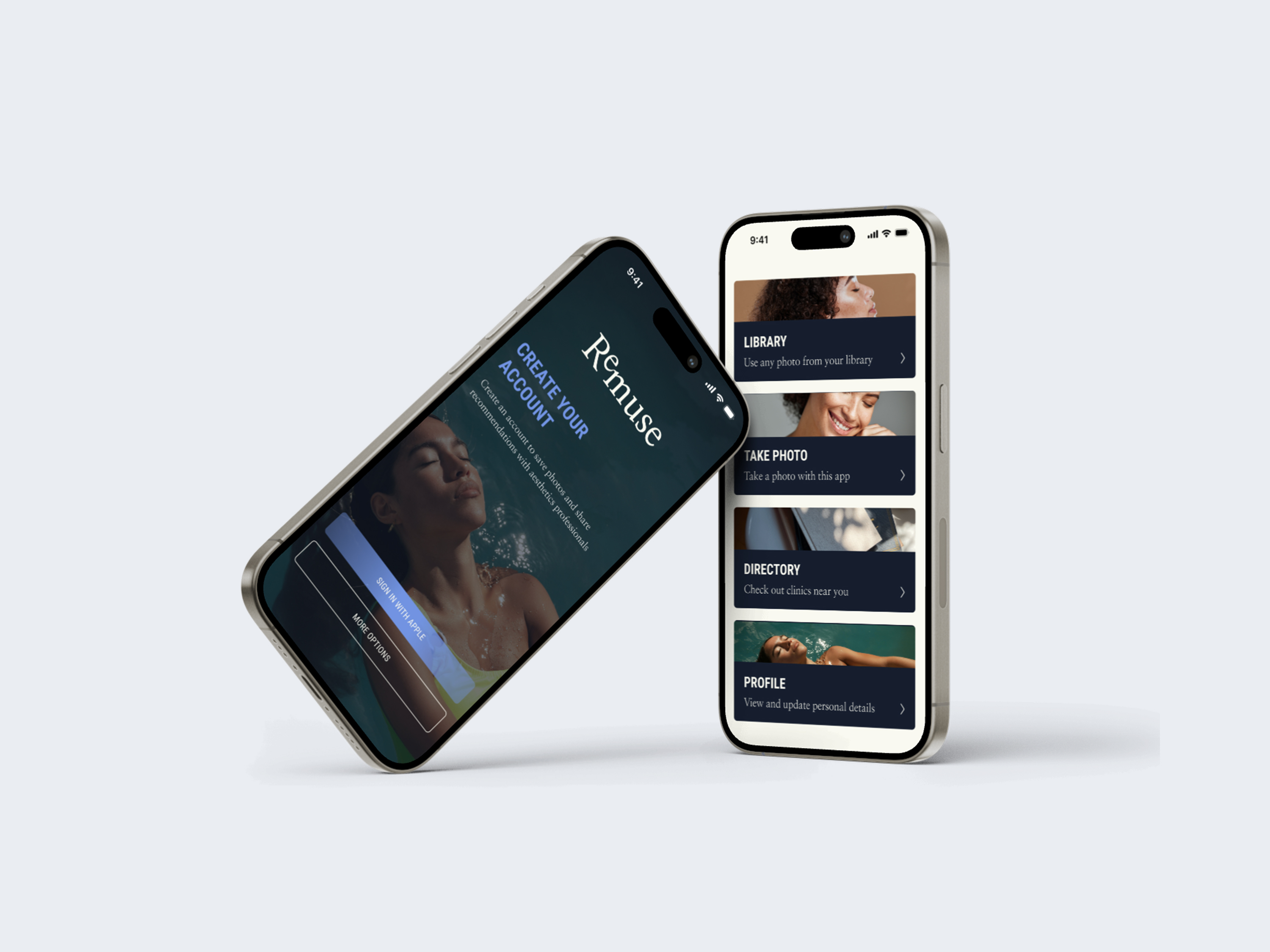 Two iphones showing the opening screen and home screen of the aesthetics app