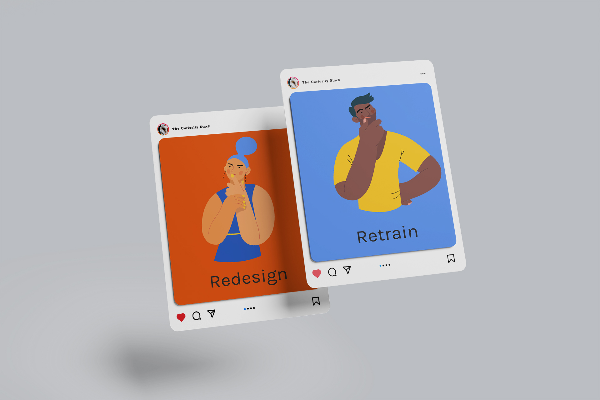 Floating mockup of two instagram posts on paper cards showing a cartoon style illustration. One on red and one on blue background.