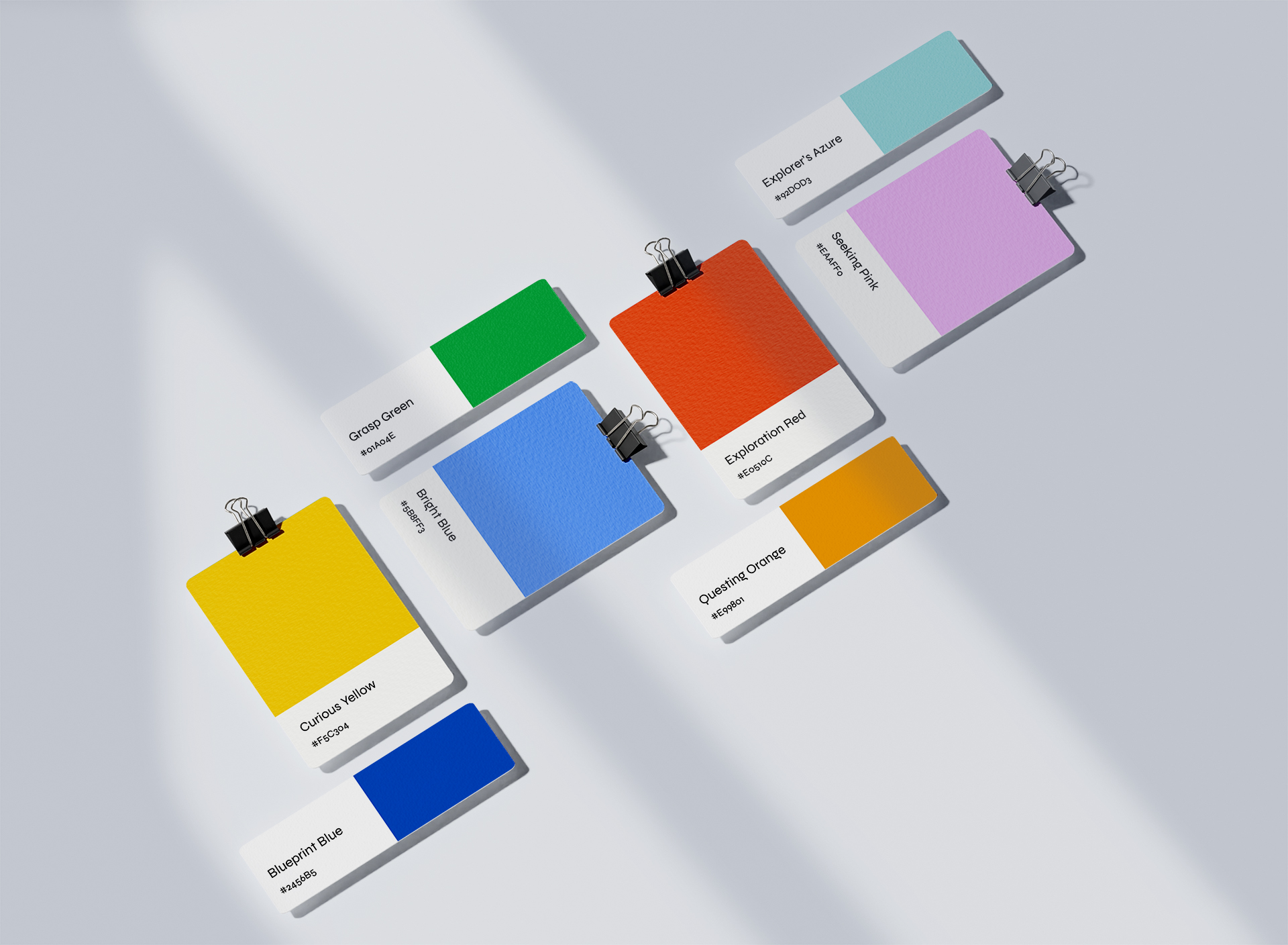 A mix of large and small swatches showing the colour palette - yellow, navy, blue, red, orange, green, pink, teal