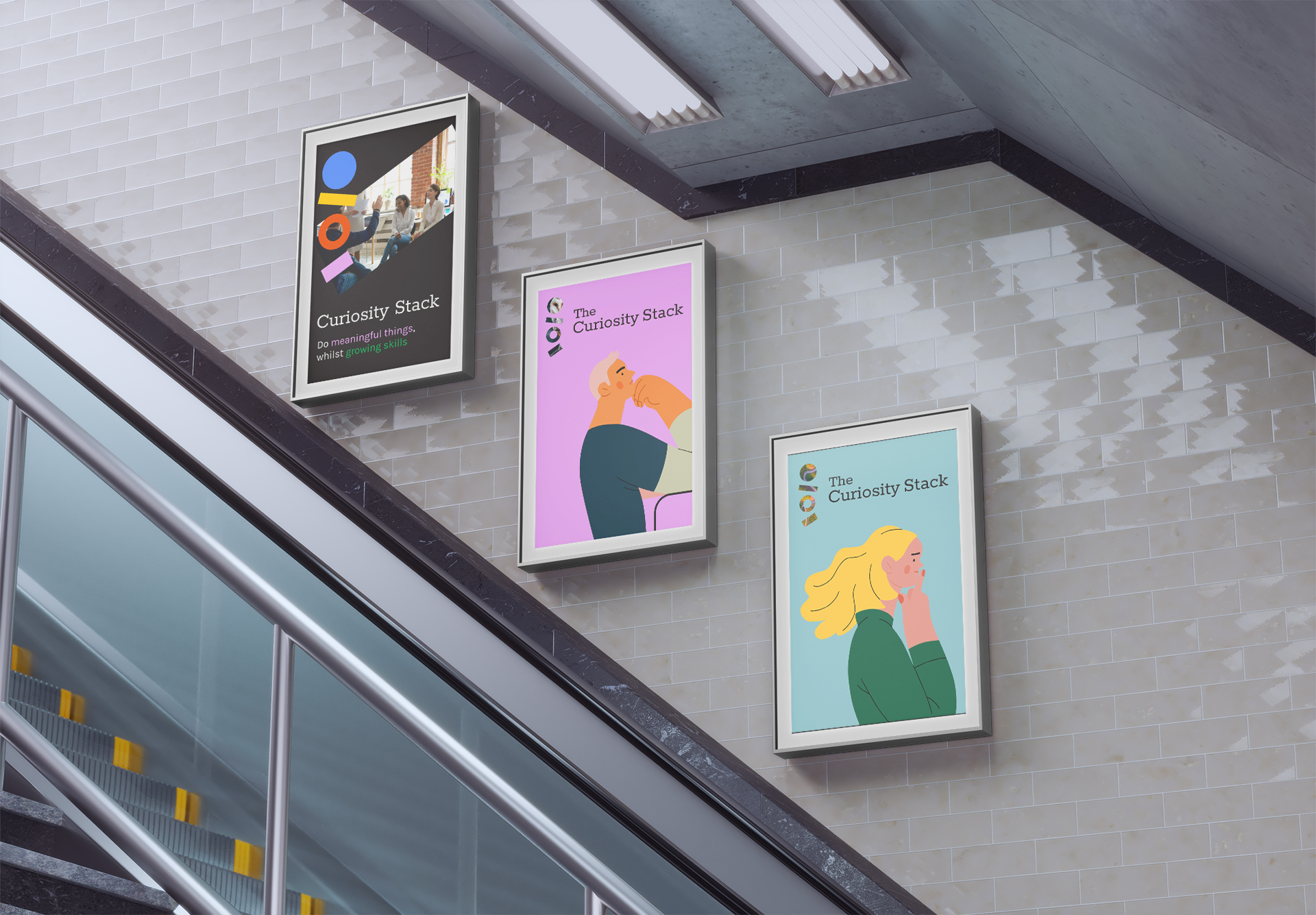 3 simple and colourful posters on the wall of a train station escalator