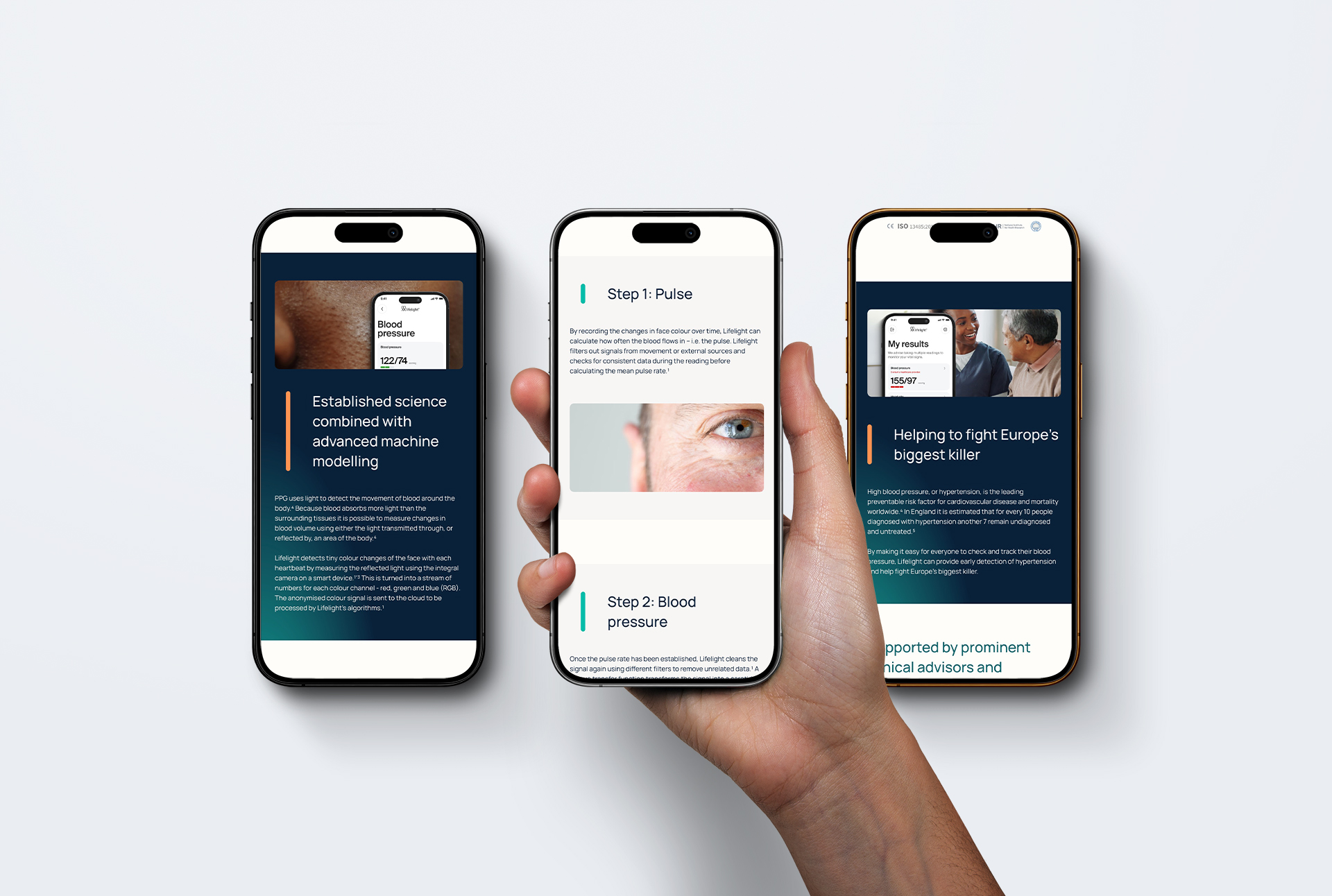 3 iphones showing sections on the website where a corner gradient has been used