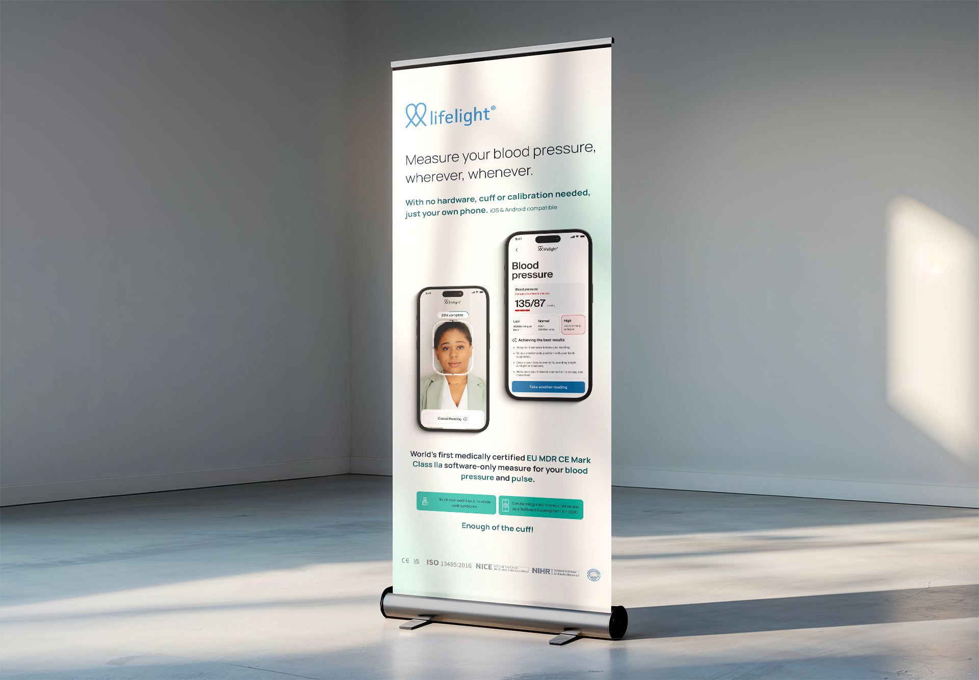 Tall banner in an empty room showing Lifelight branded mockups of the Lifelight app solution
