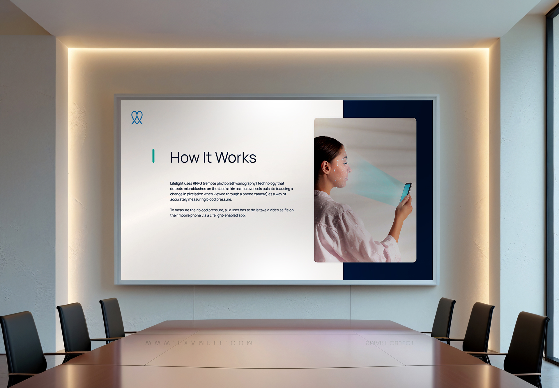 Presentation in a meeting room showing a Lifelight branded slide