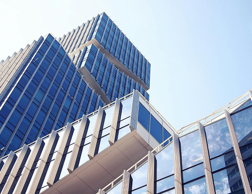 A view of glass skyscraper buildings