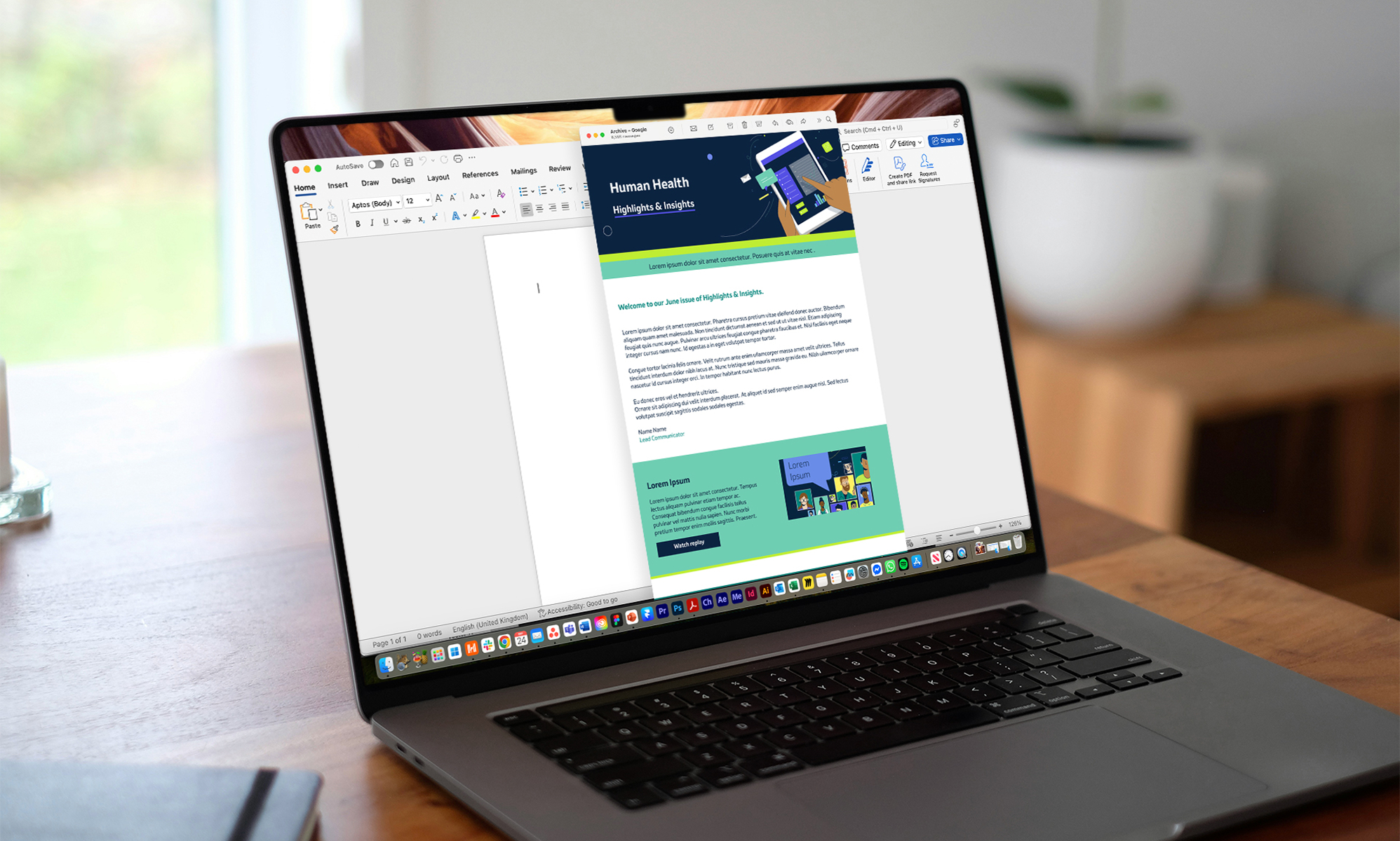 A laptop on a desk showing a newsletter email