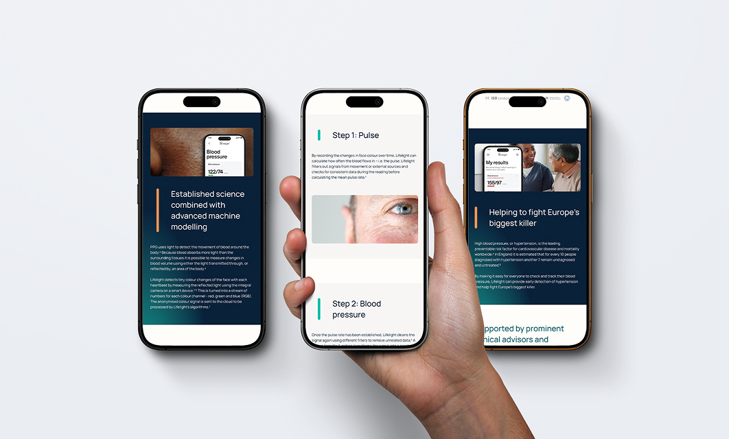 3 phones showing the lifelight website