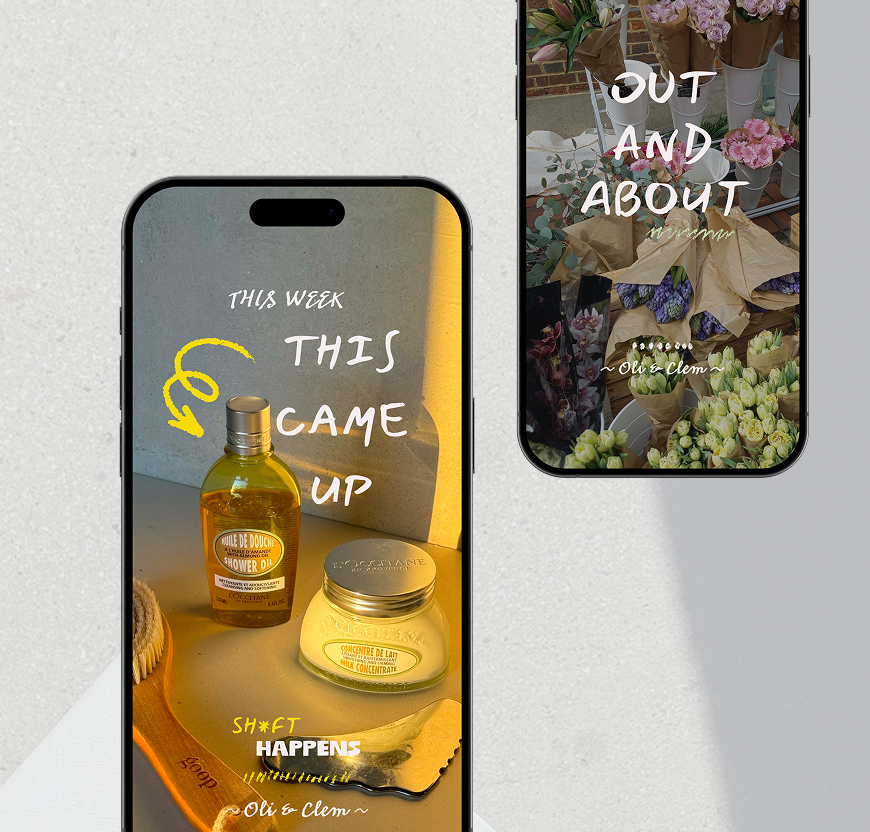 Two smartphones displaying floral bouquets and bath products with text quotes 'this week' and 'out and about'.