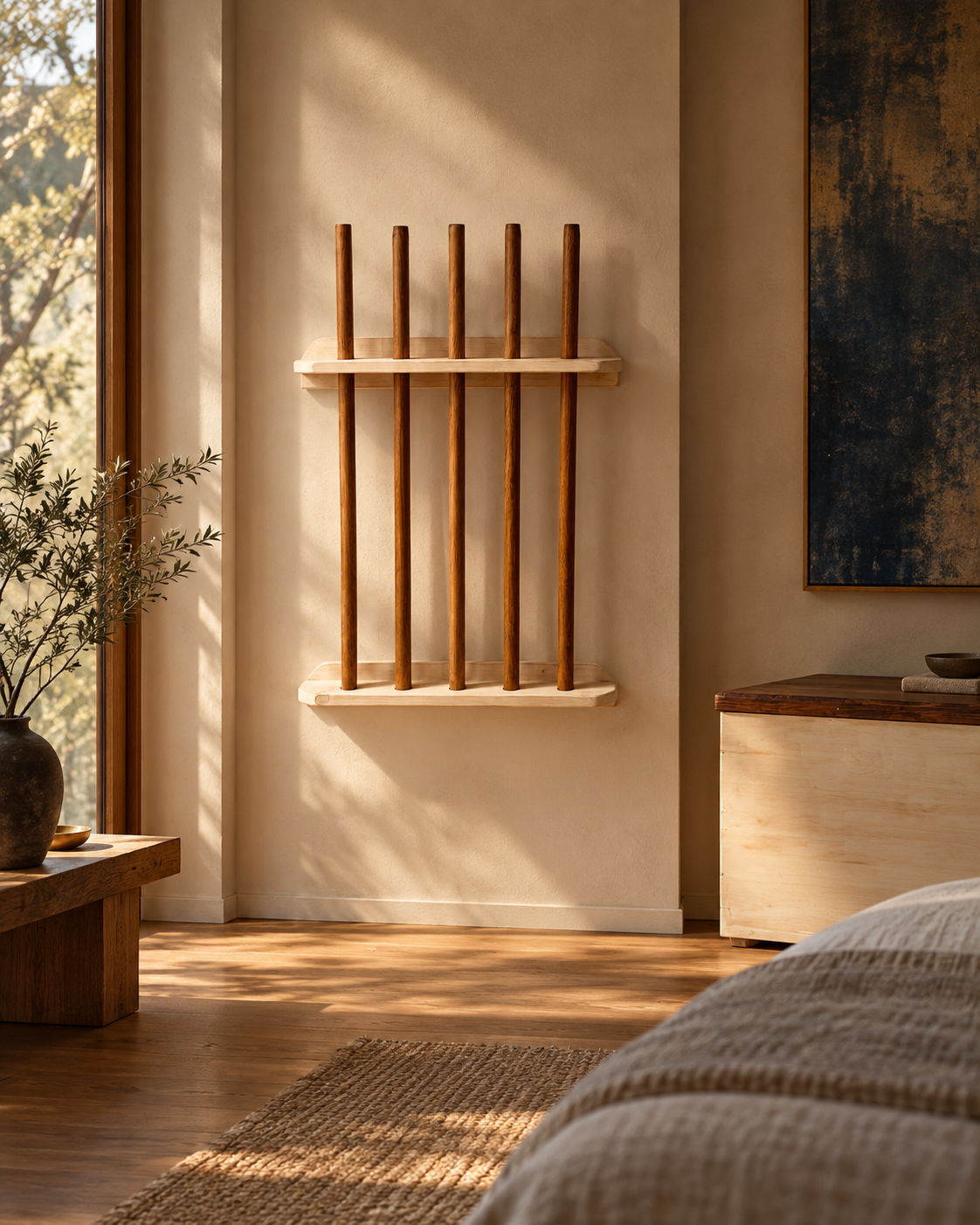 Five wooden Hanbōs in a handcrafted wall rack