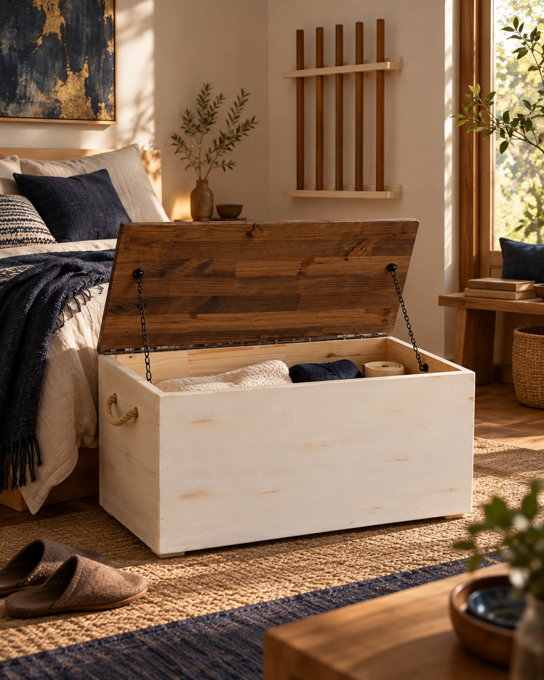 Handcrafted wooden chest shown open in a calm interior