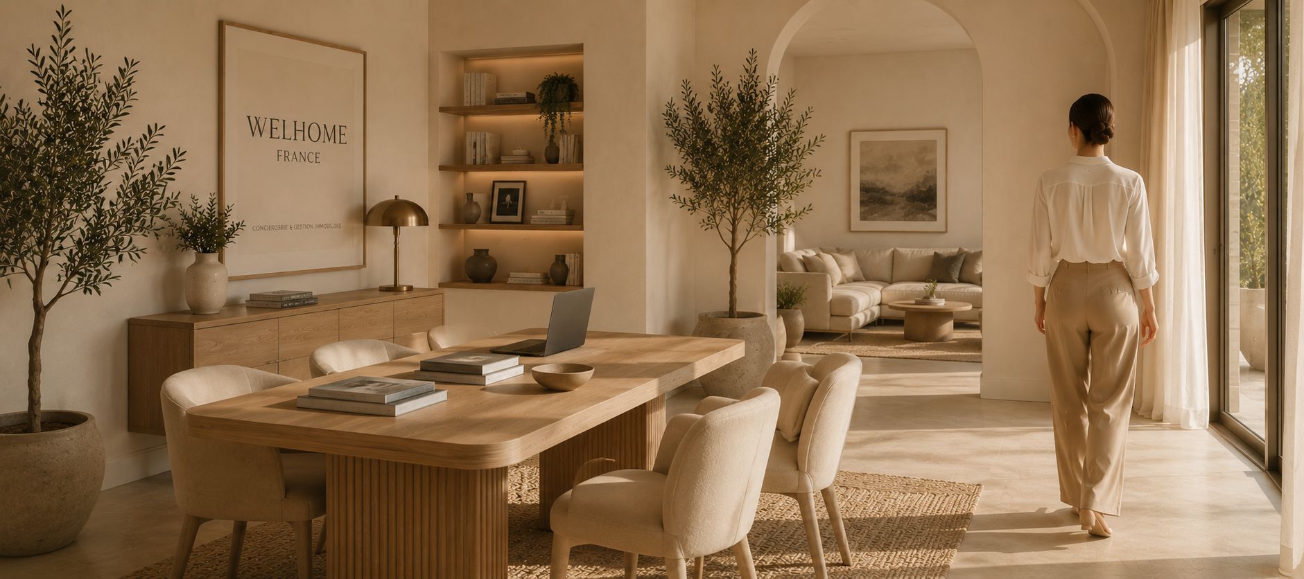 Le bureau du groupe Welhome France, pres d'Aix-en-Provence : espace de travail lumineux en pierre, bois et oliviers.