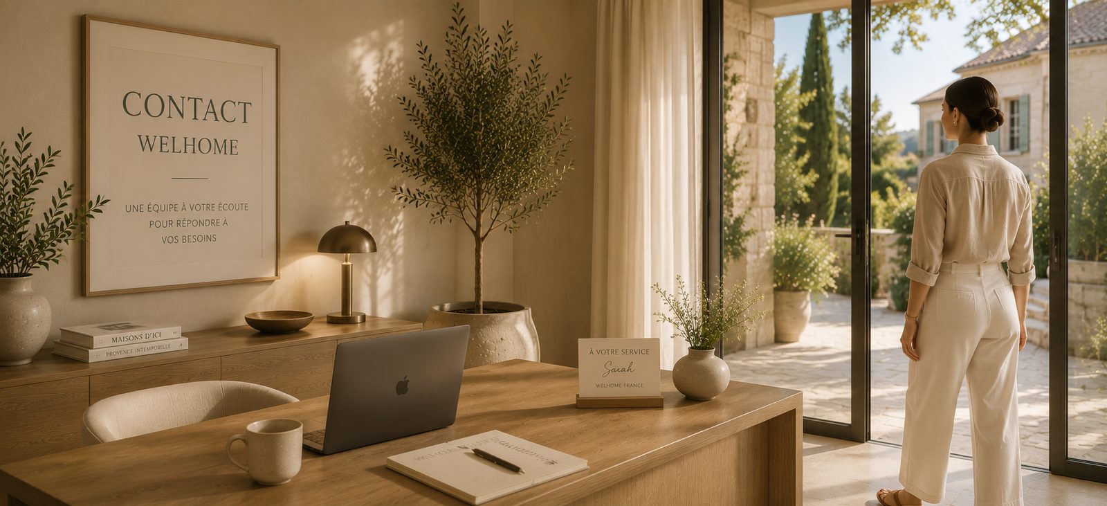 Le bureau Welhome France en Provence, ouvert sur les cyprès et une terrasse baignée de lumière.