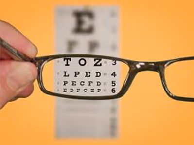Hand holding eyeglasses in front of an eye chart, with the chart letters in focus through the lenses.